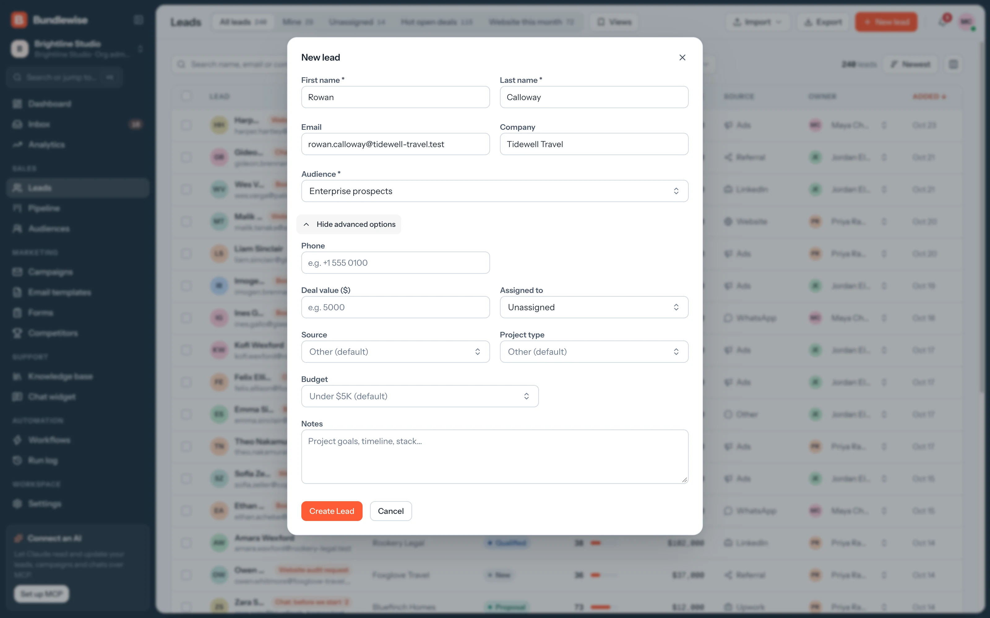 New lead form with advanced options open