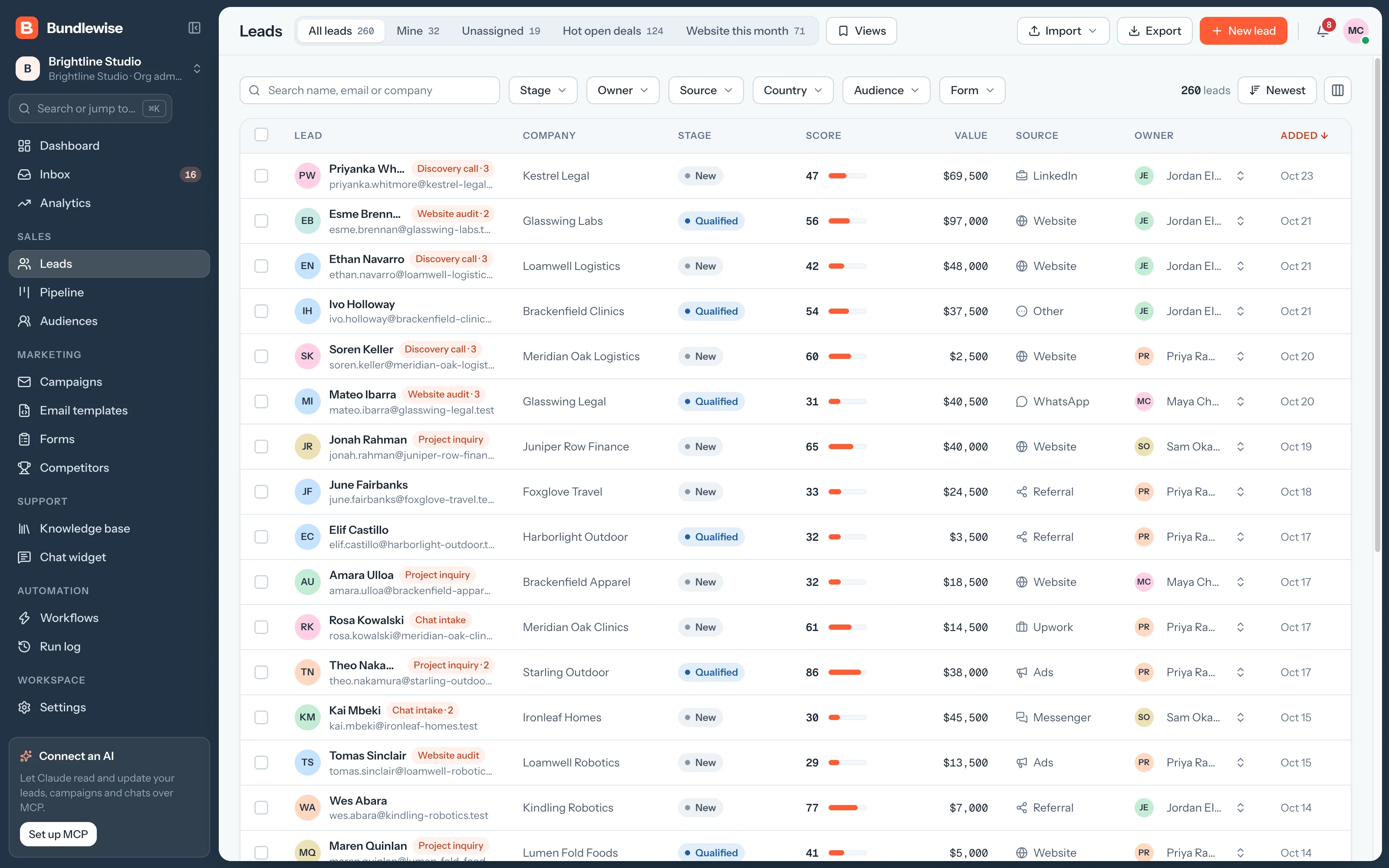 Bundlewise leads list with stages, scores, values, sources and owners