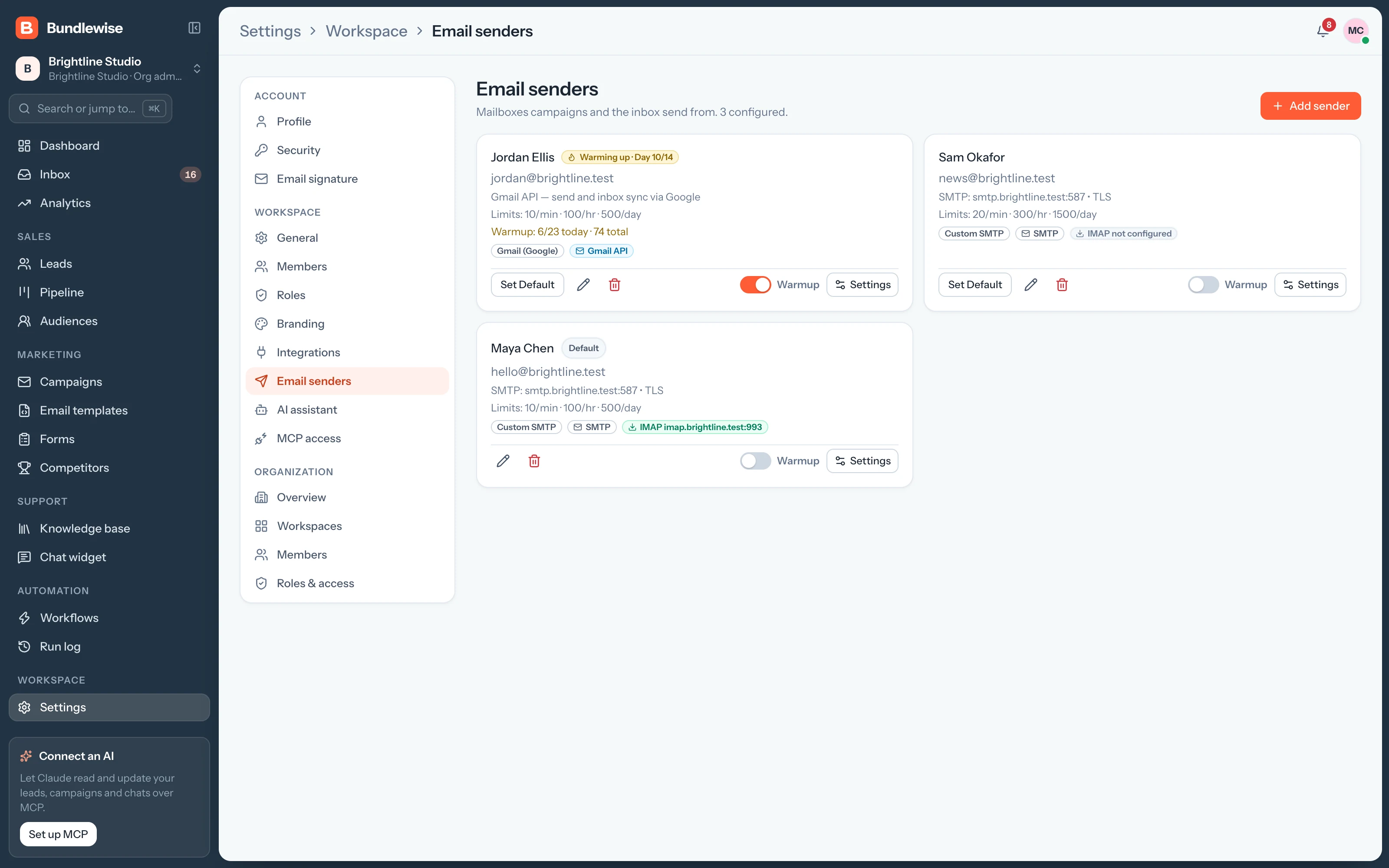 Email senders list with Gmail and SMTP senders