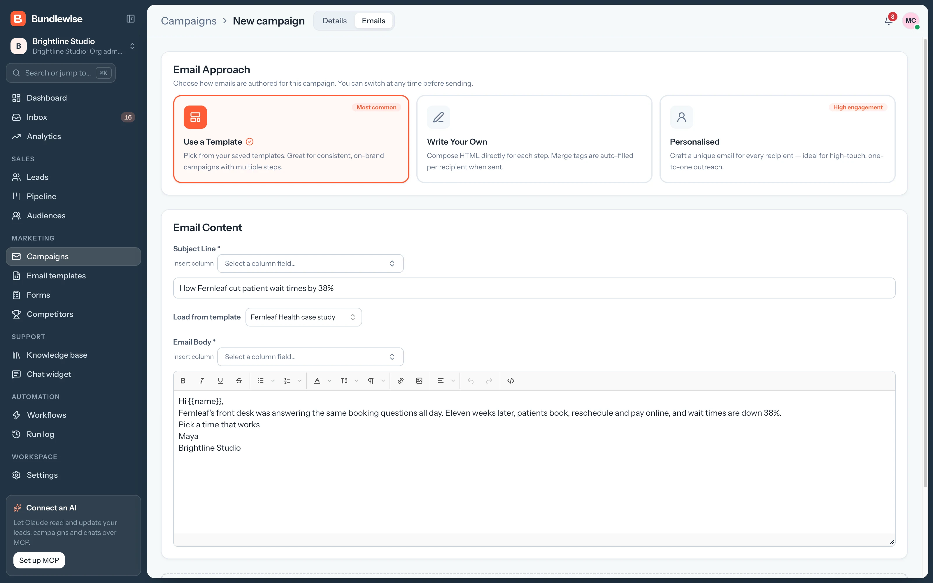 Choosing a saved template for a campaign email