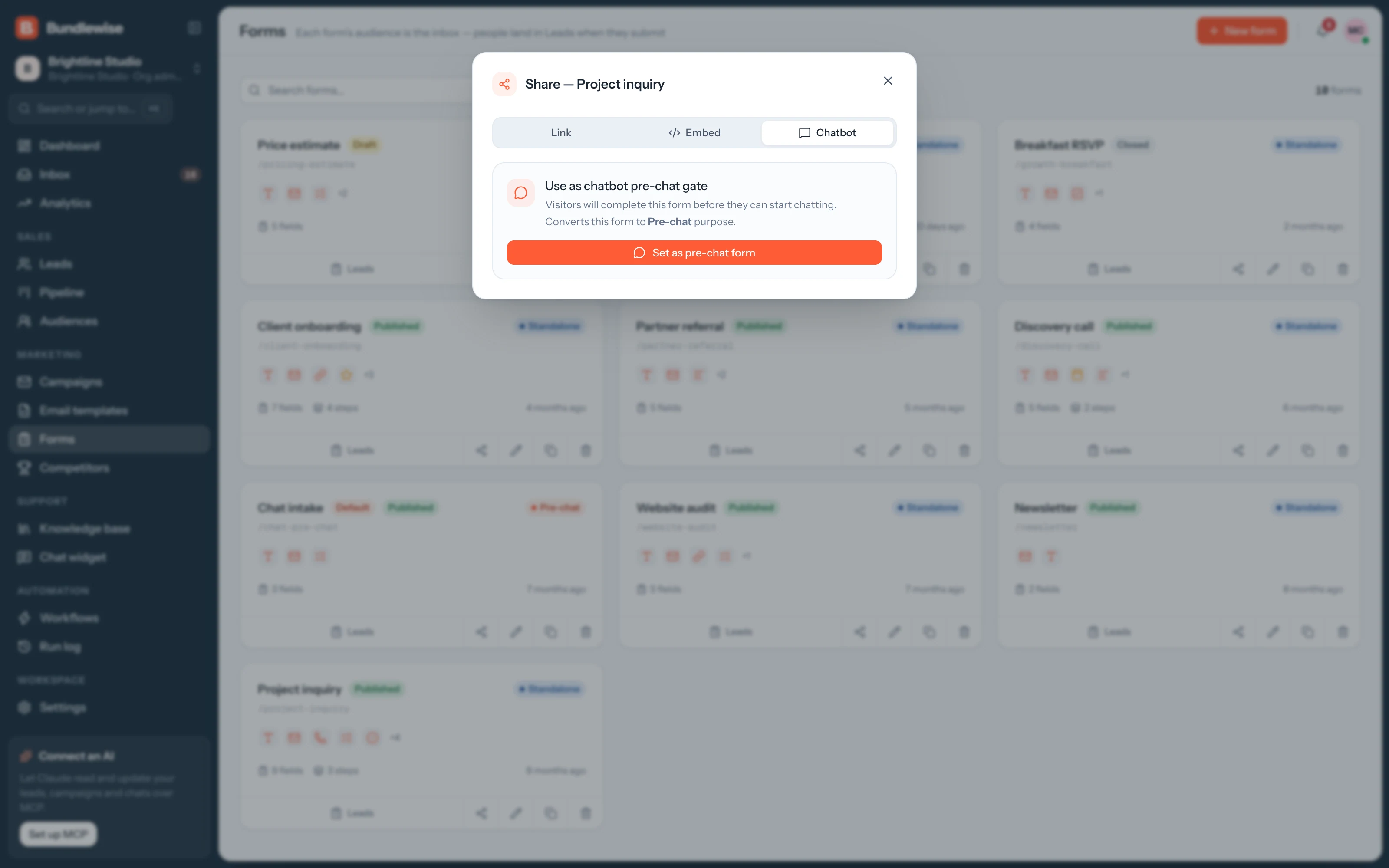 Sharing a form as a pre-chat form in the chat widget