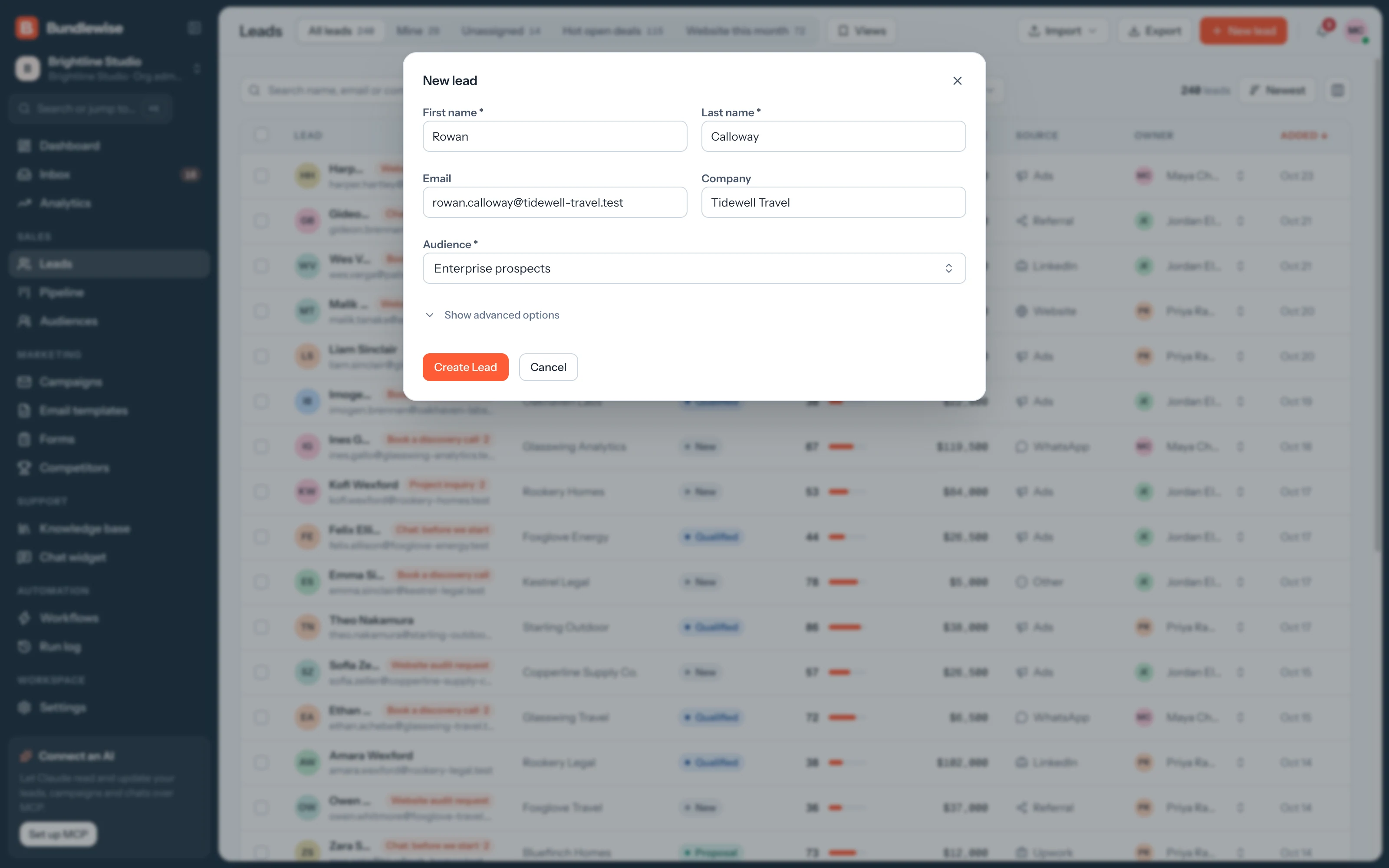 New lead form with name, email, company and audience