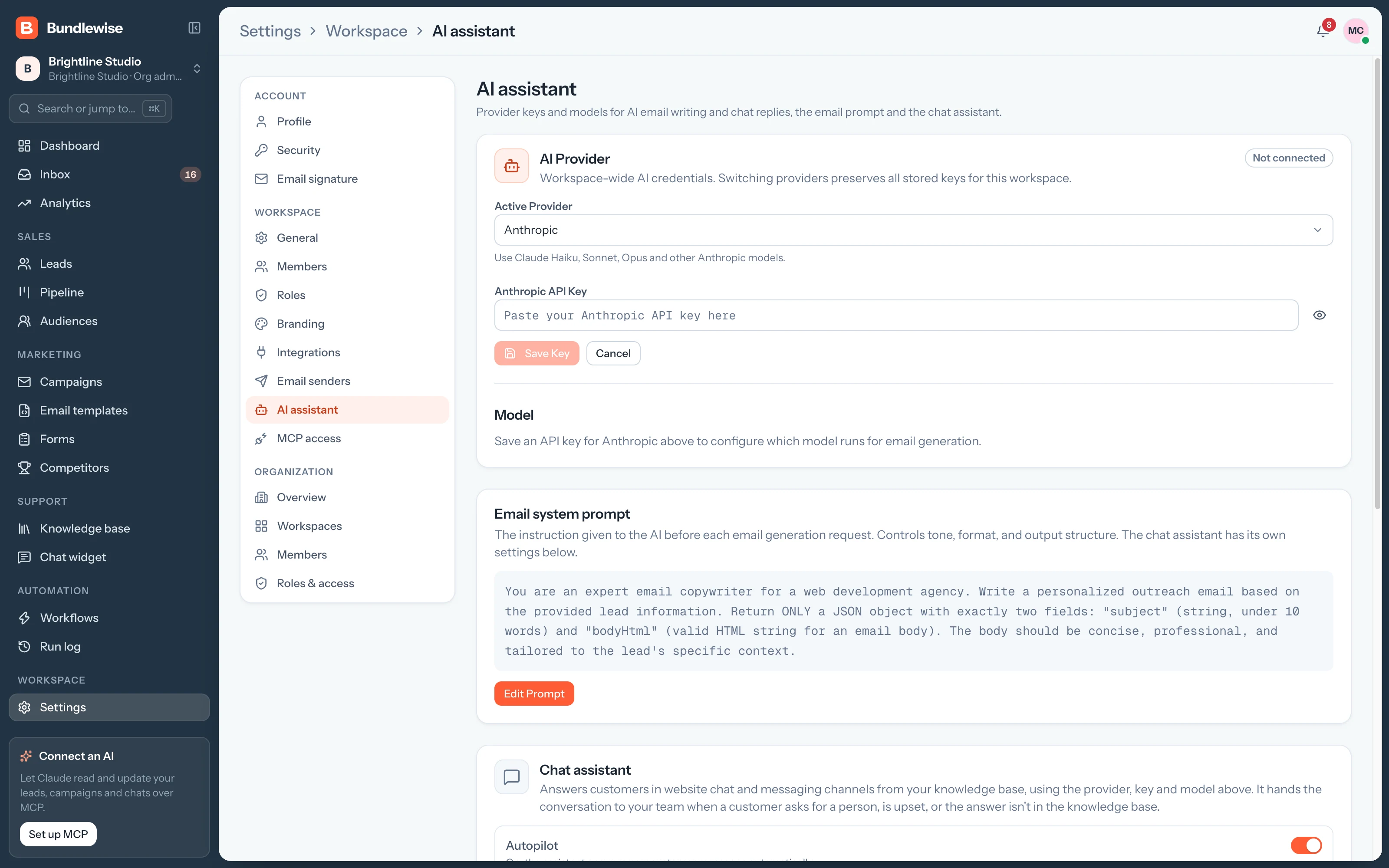 Adding an AI provider in Bundlewise AI settings