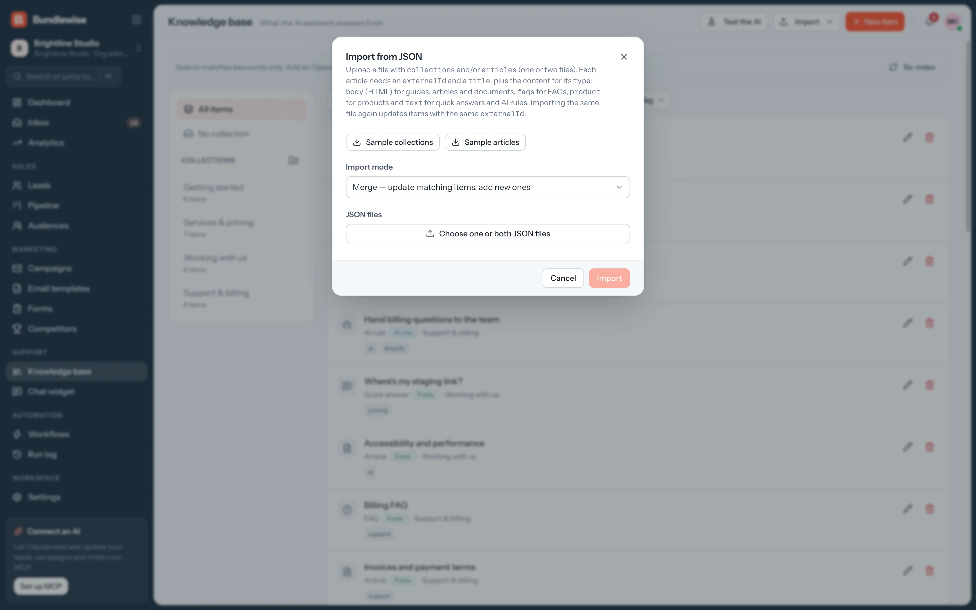 Importing knowledge base articles from JSON