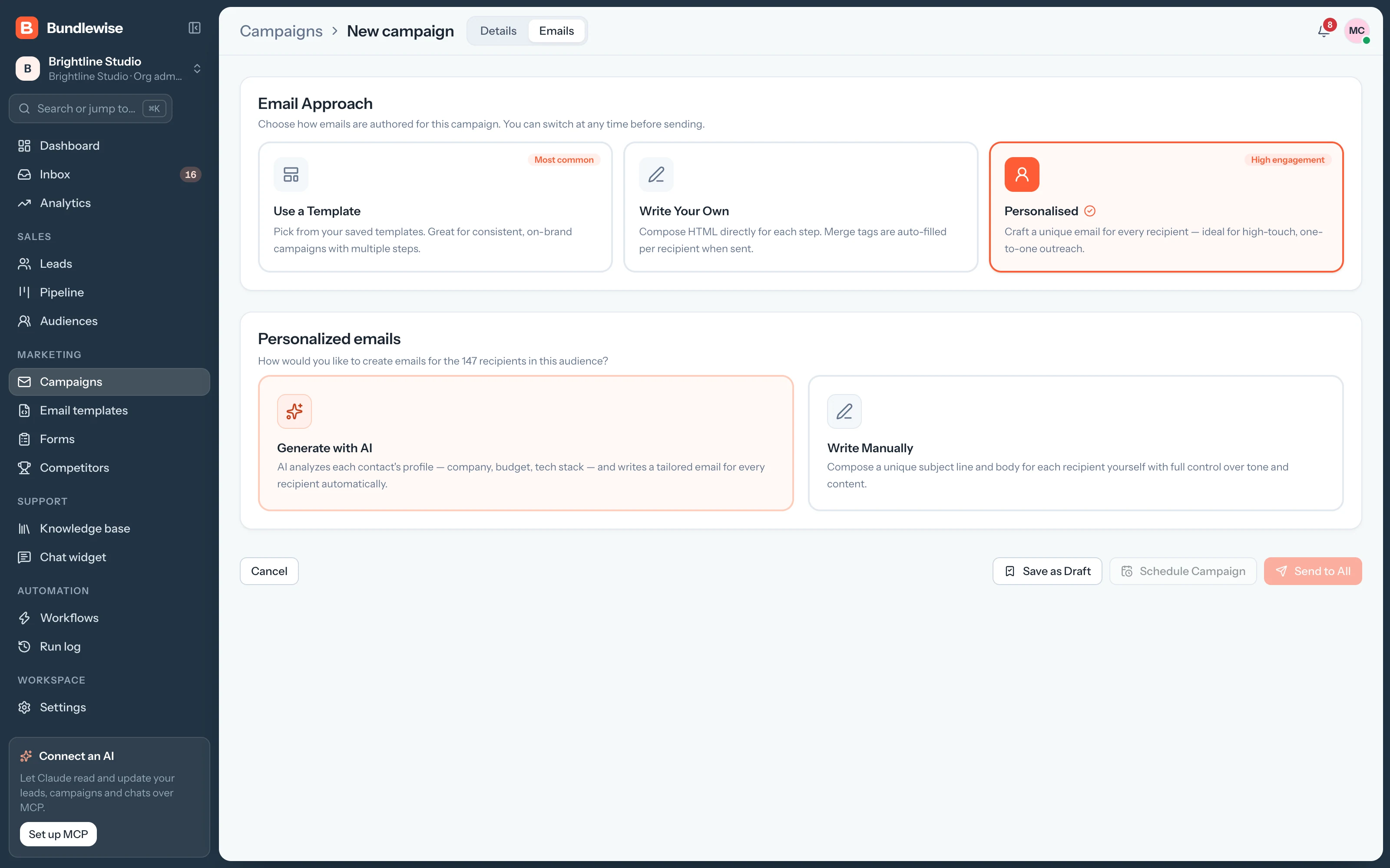 Campaign email step with AI-personalized emails