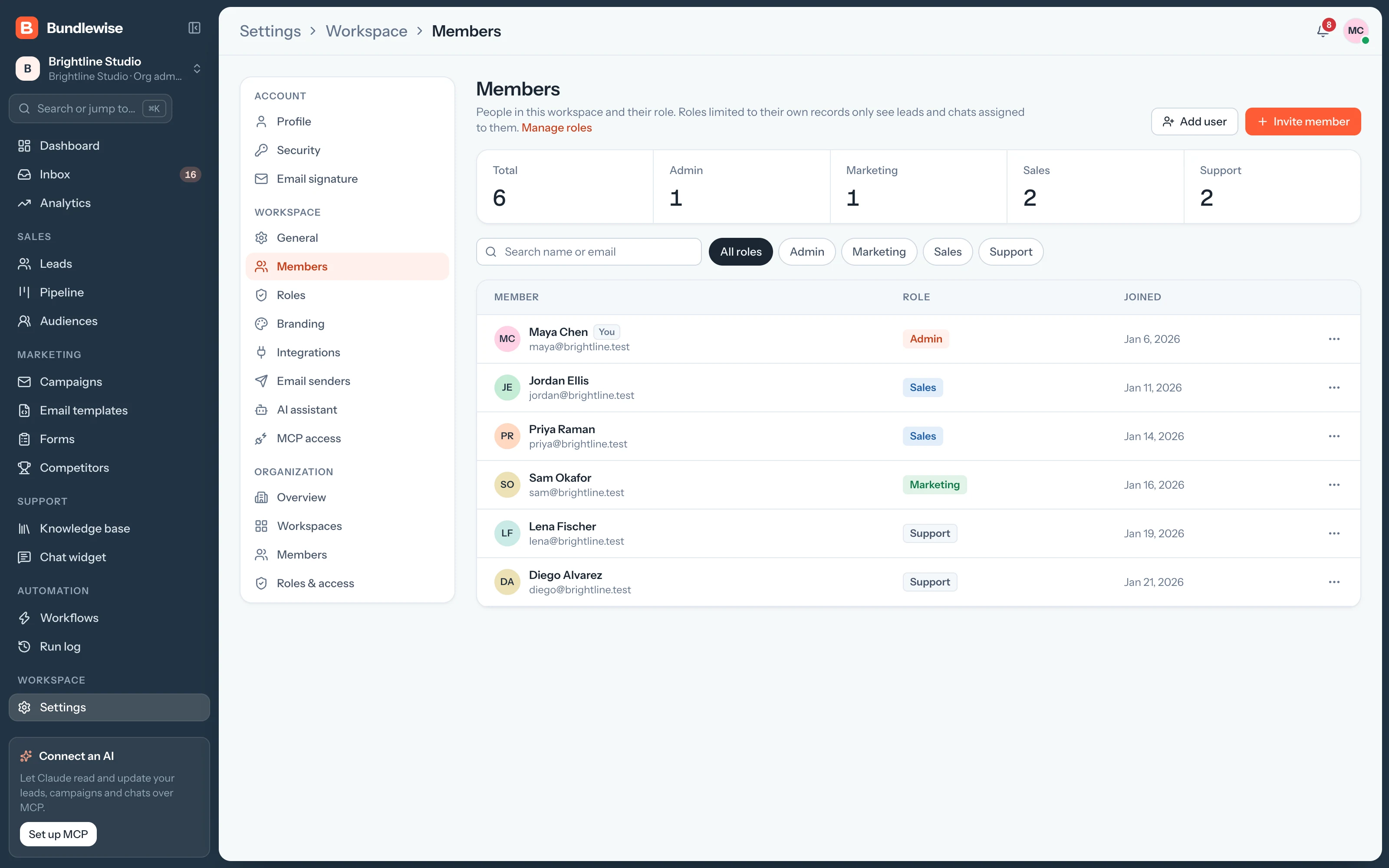 Workspace members list with roles