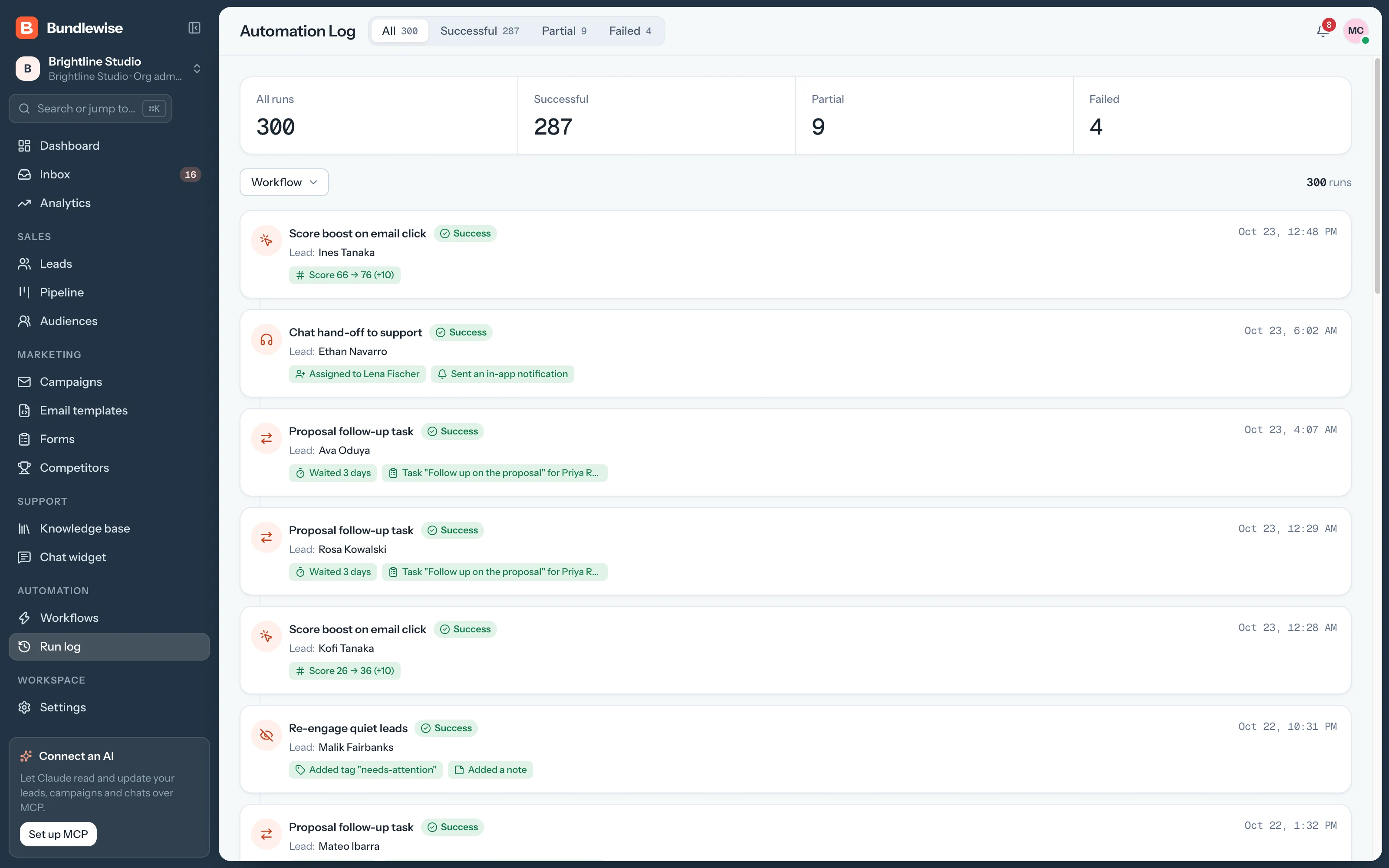 Automation run log with workflow runs and results