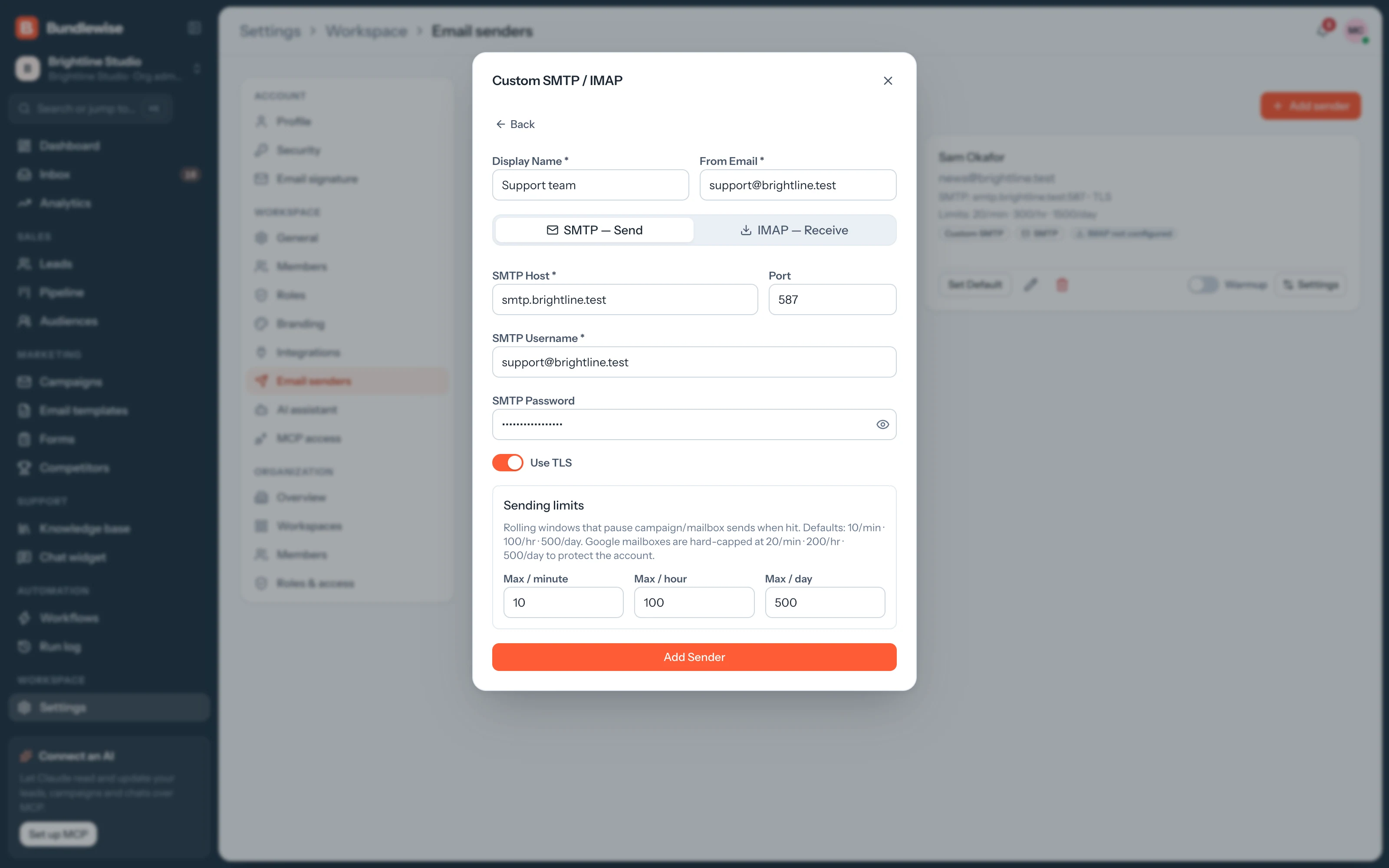 Adding an email sender with custom SMTP