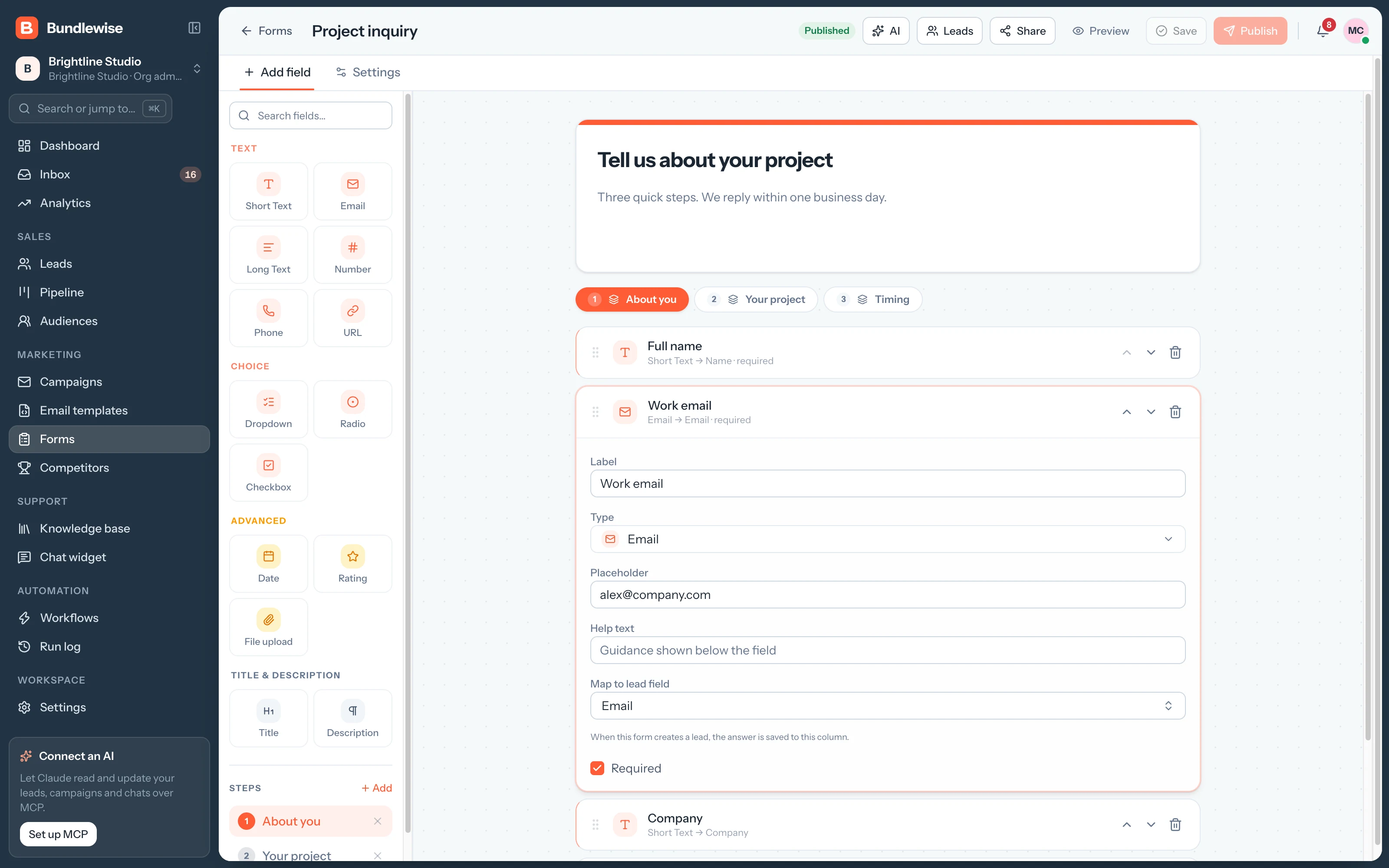 Form builder with the field list and form canvas