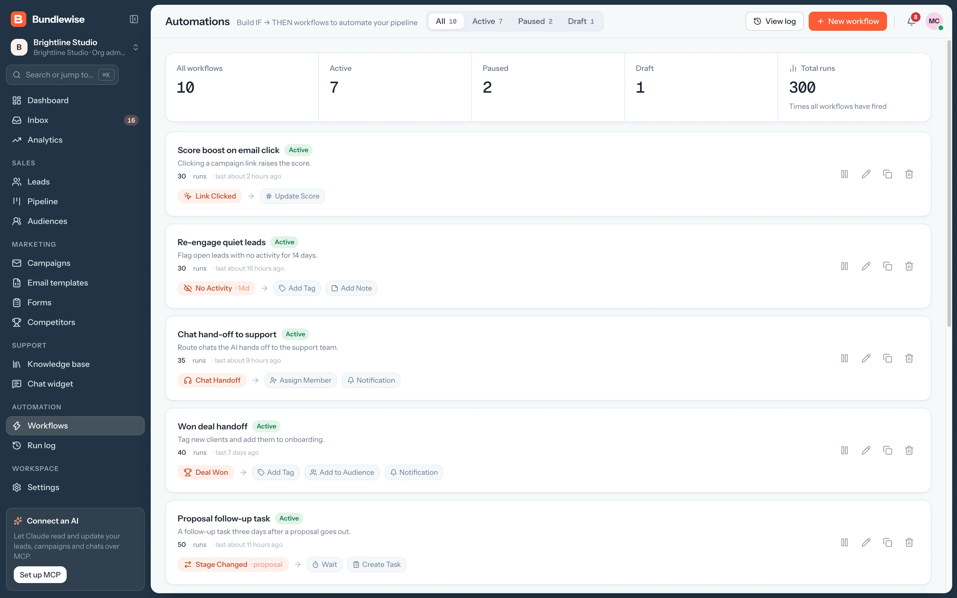 Bundlewise workflows with active, paused and draft automations