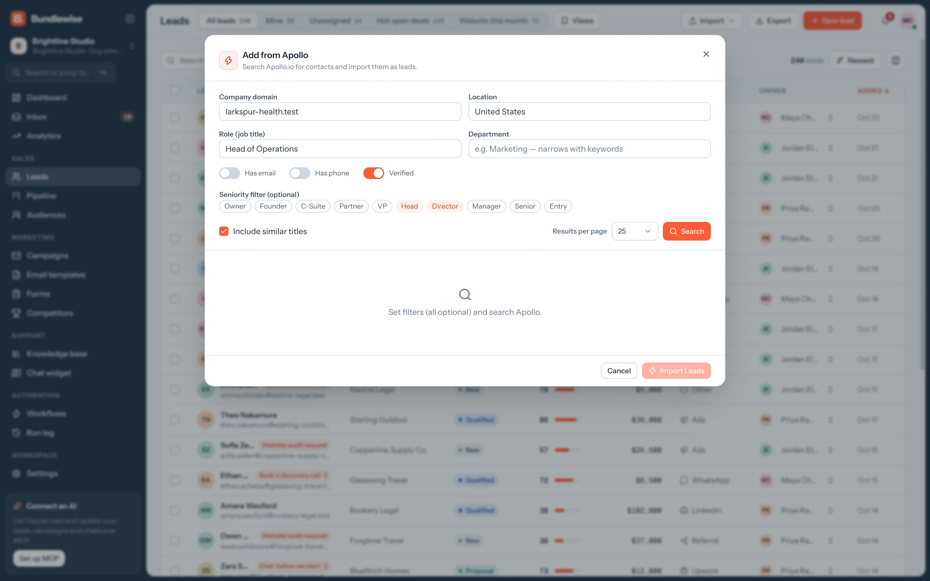 Add from Apollo prospect search with domain, location, title and seniority filters