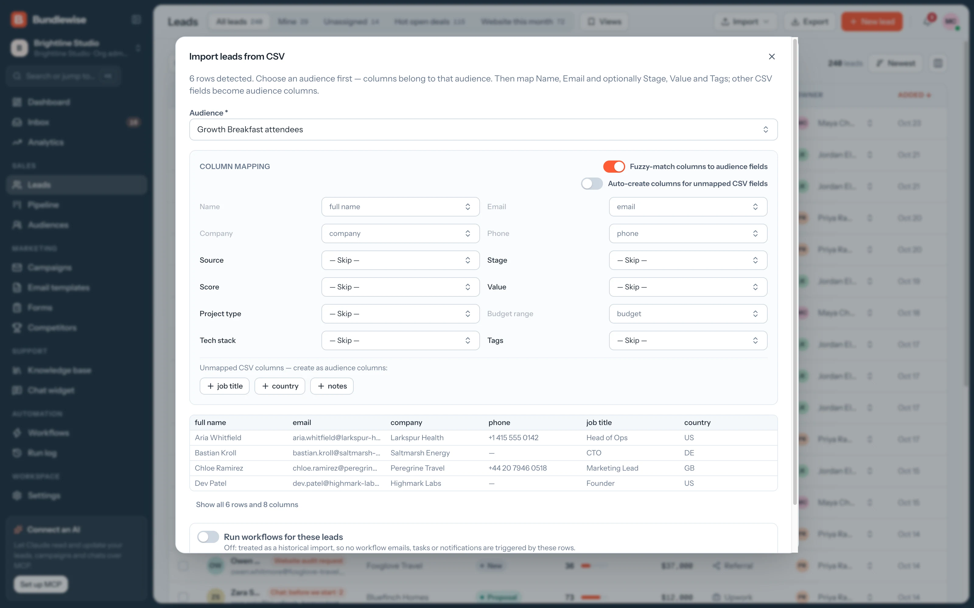 Importing leads from a CSV file