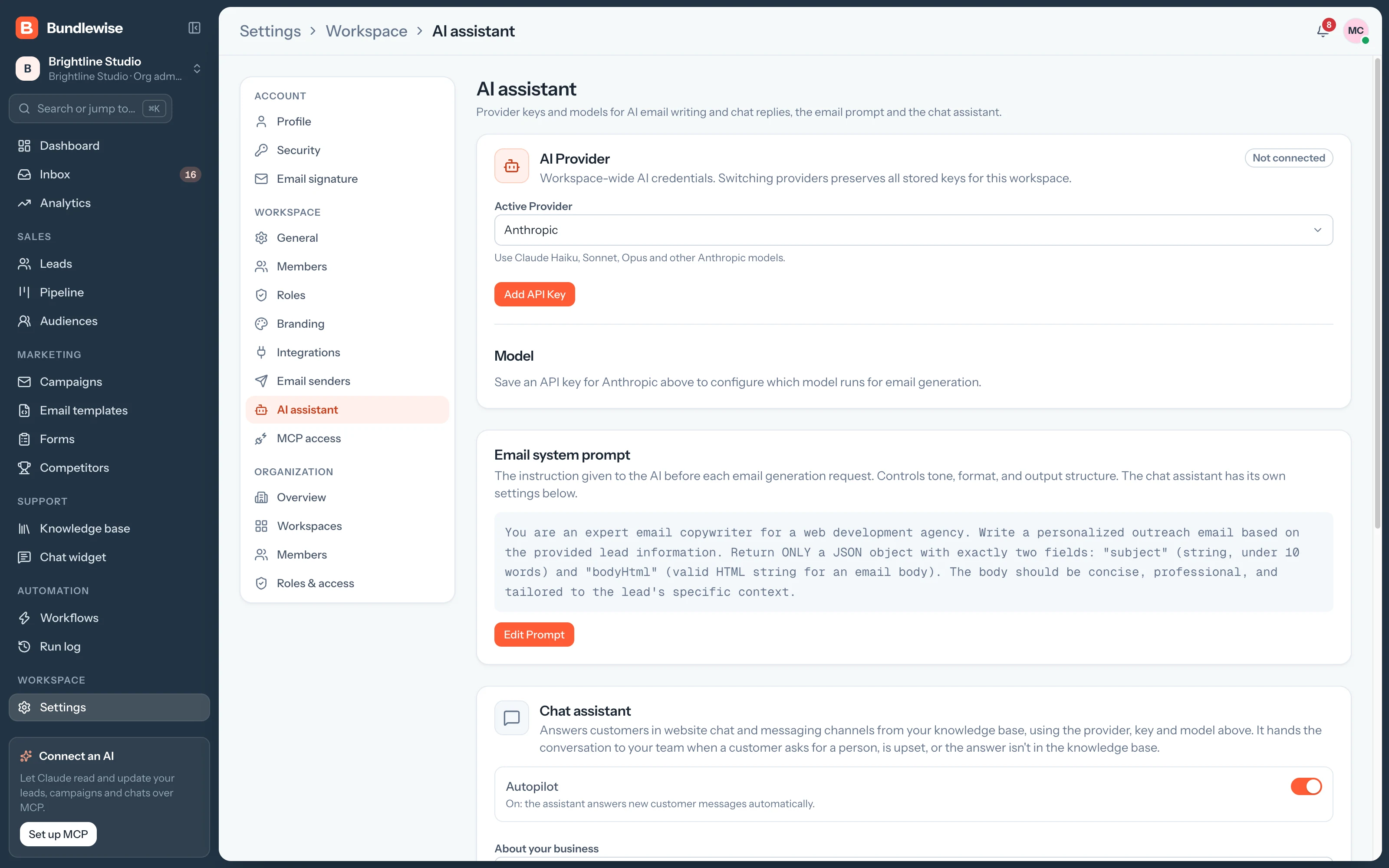 AI settings with provider, model and assistant instructions