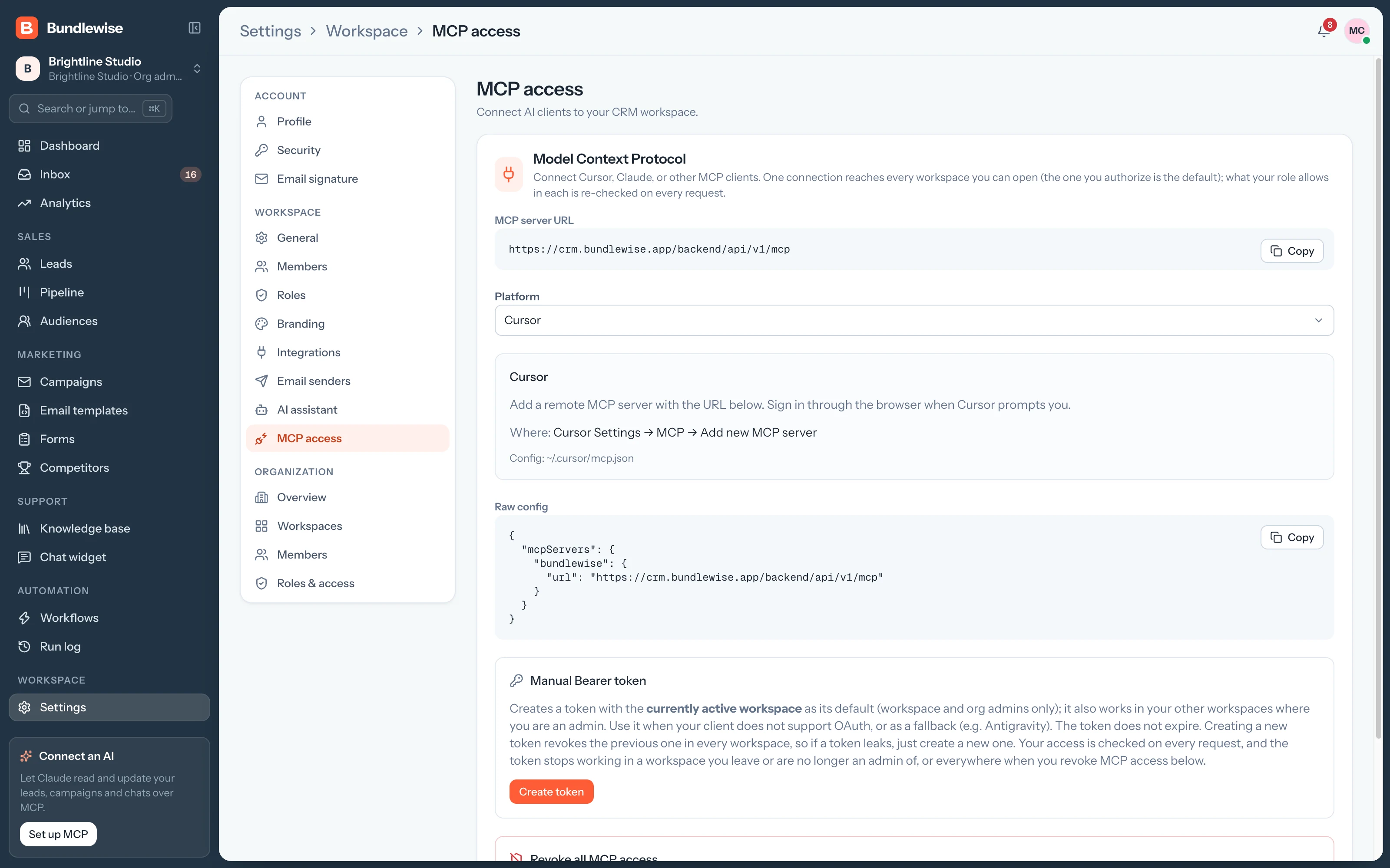 Bundlewise MCP setup with the server URL and client config