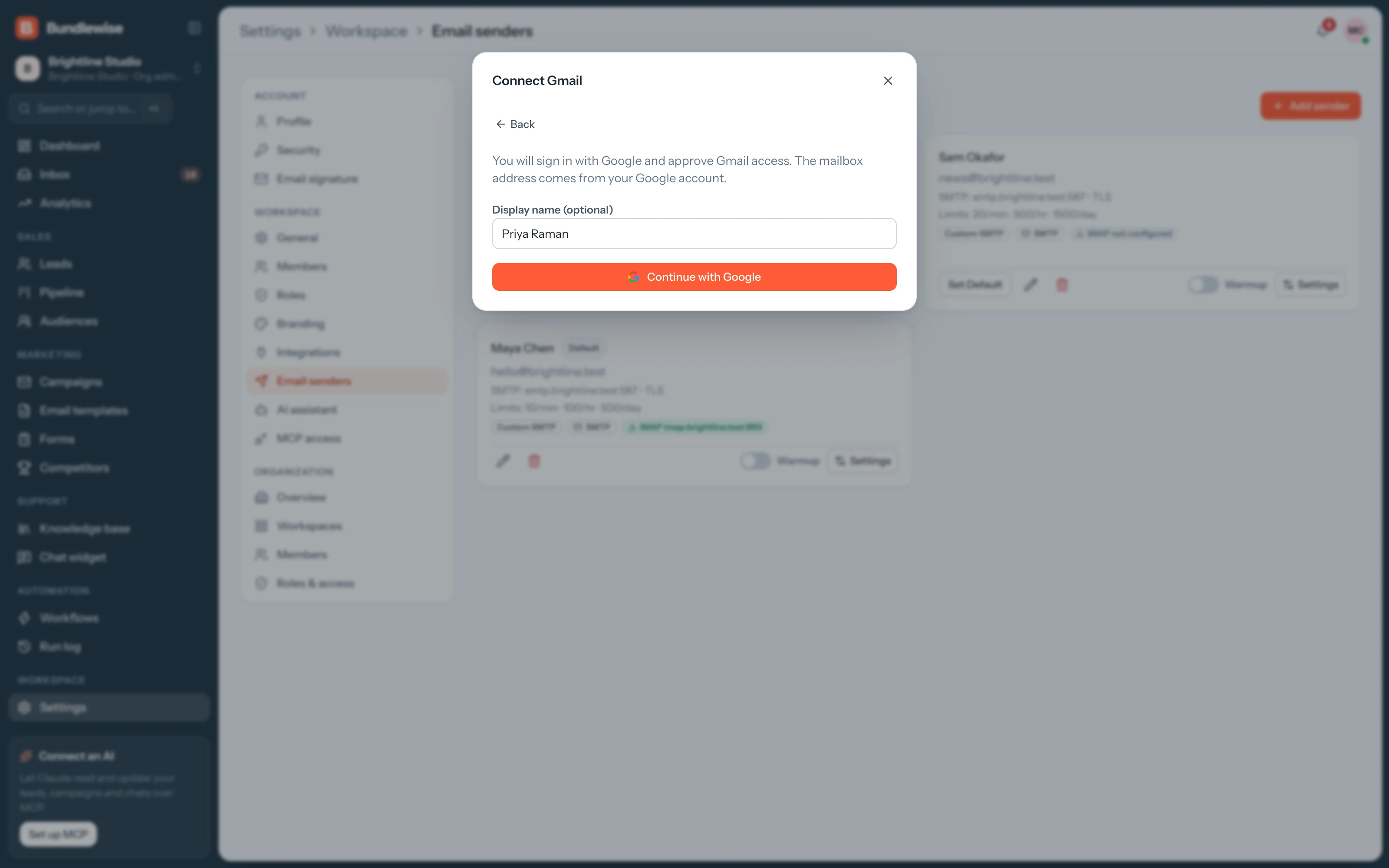 Connecting a Gmail sender