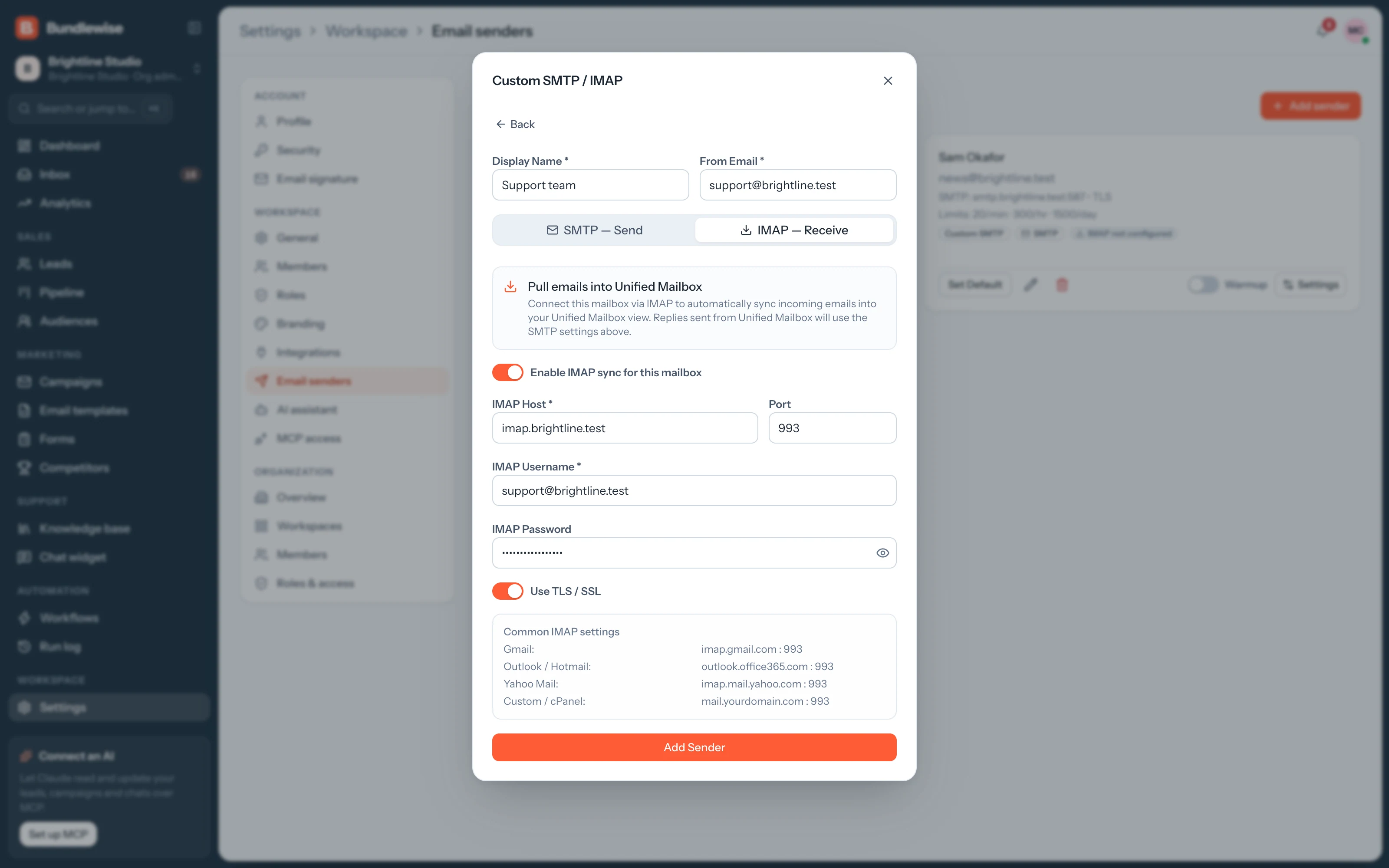 IMAP receive settings for an SMTP sender