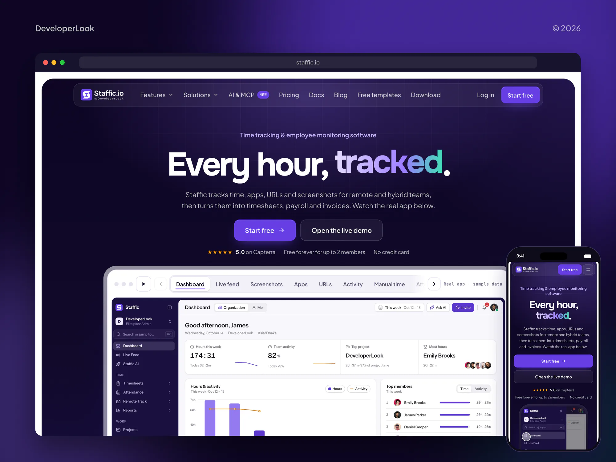 staffic.io homepage hero in a browser with the interactive app tour and a phone view