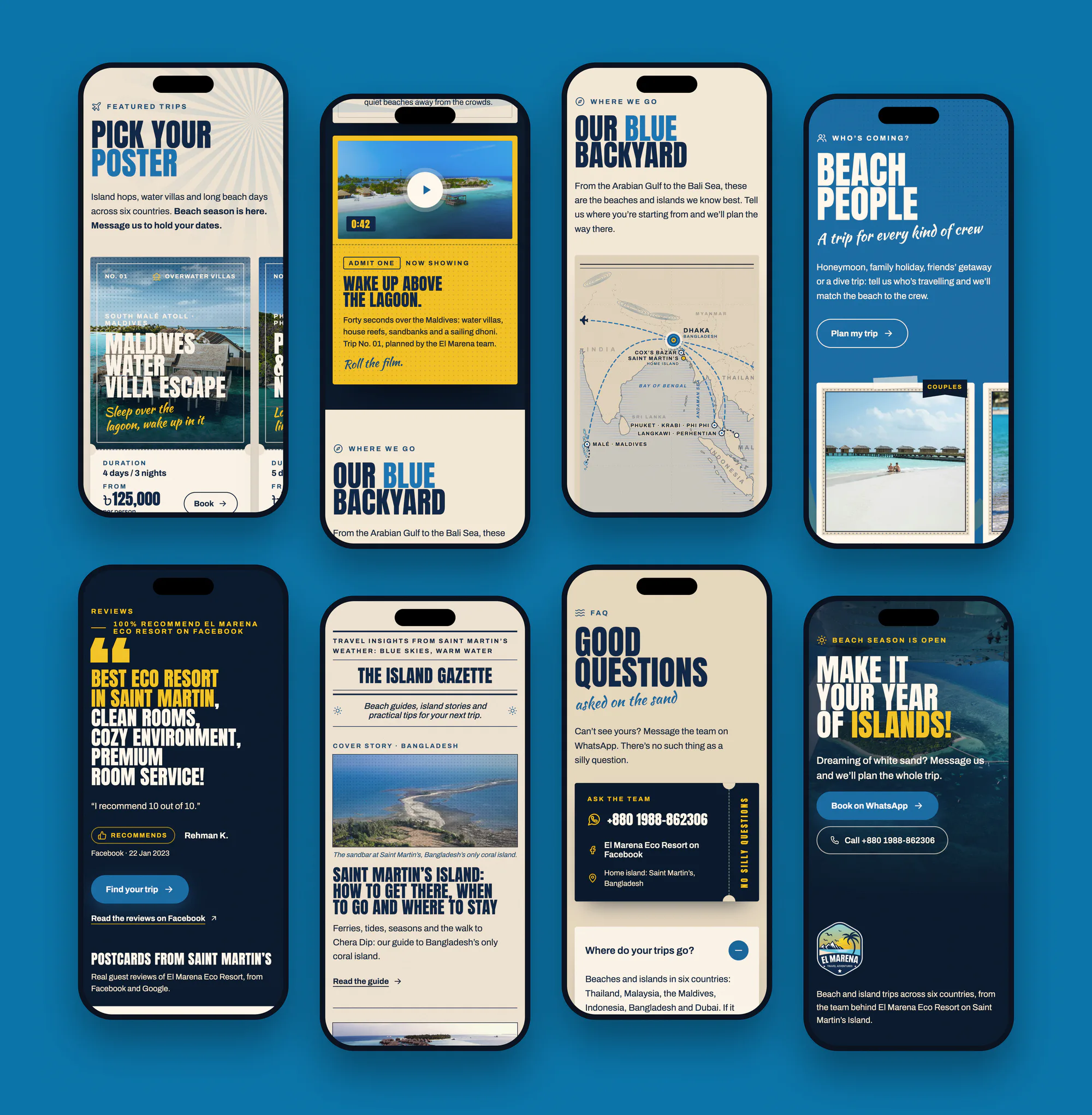 Eight El Marena phone screens: trips, film, route map, reviews, gazette and FAQ