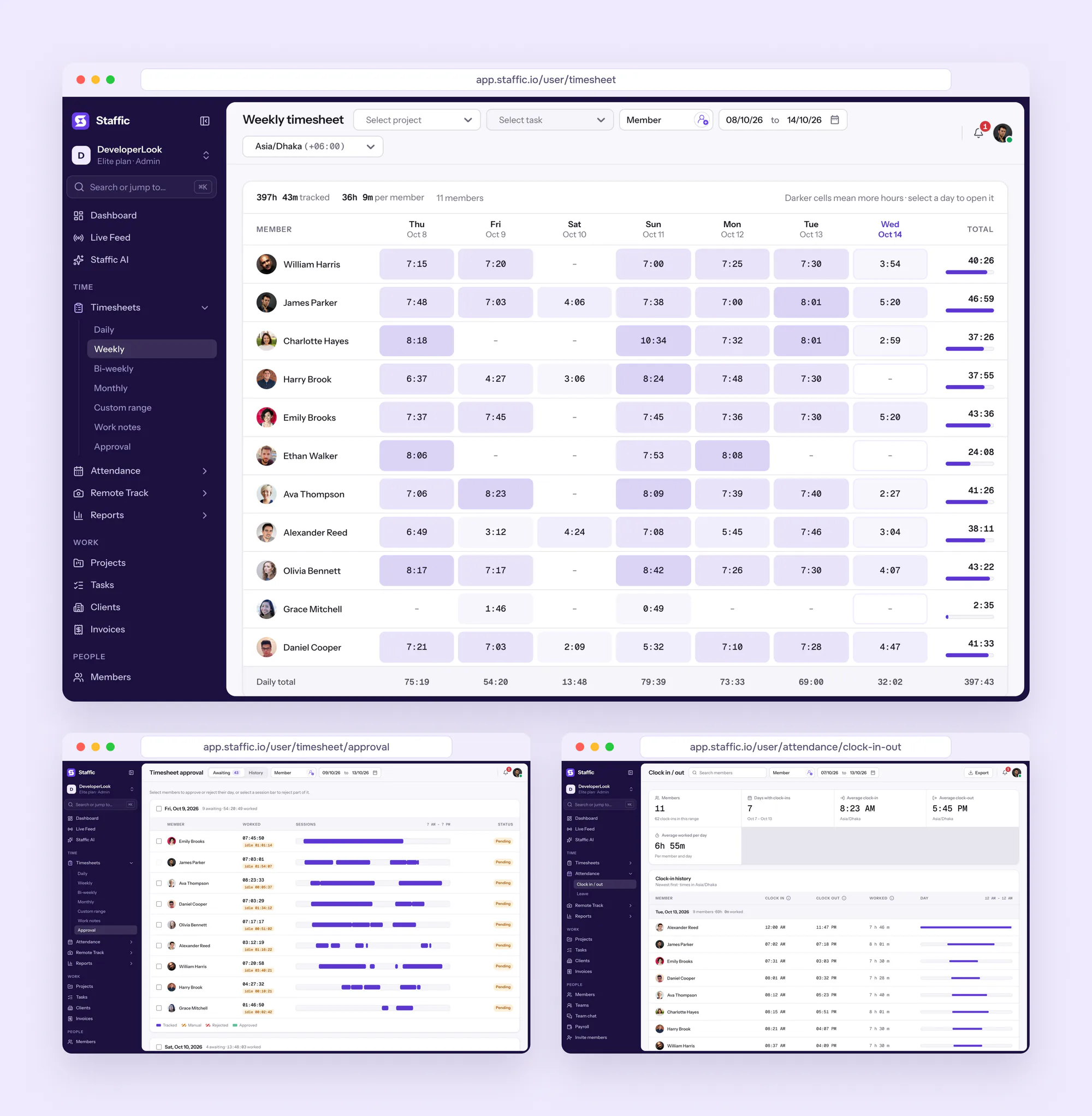 Staffic weekly timesheet, timesheet approval and clock in and out screens