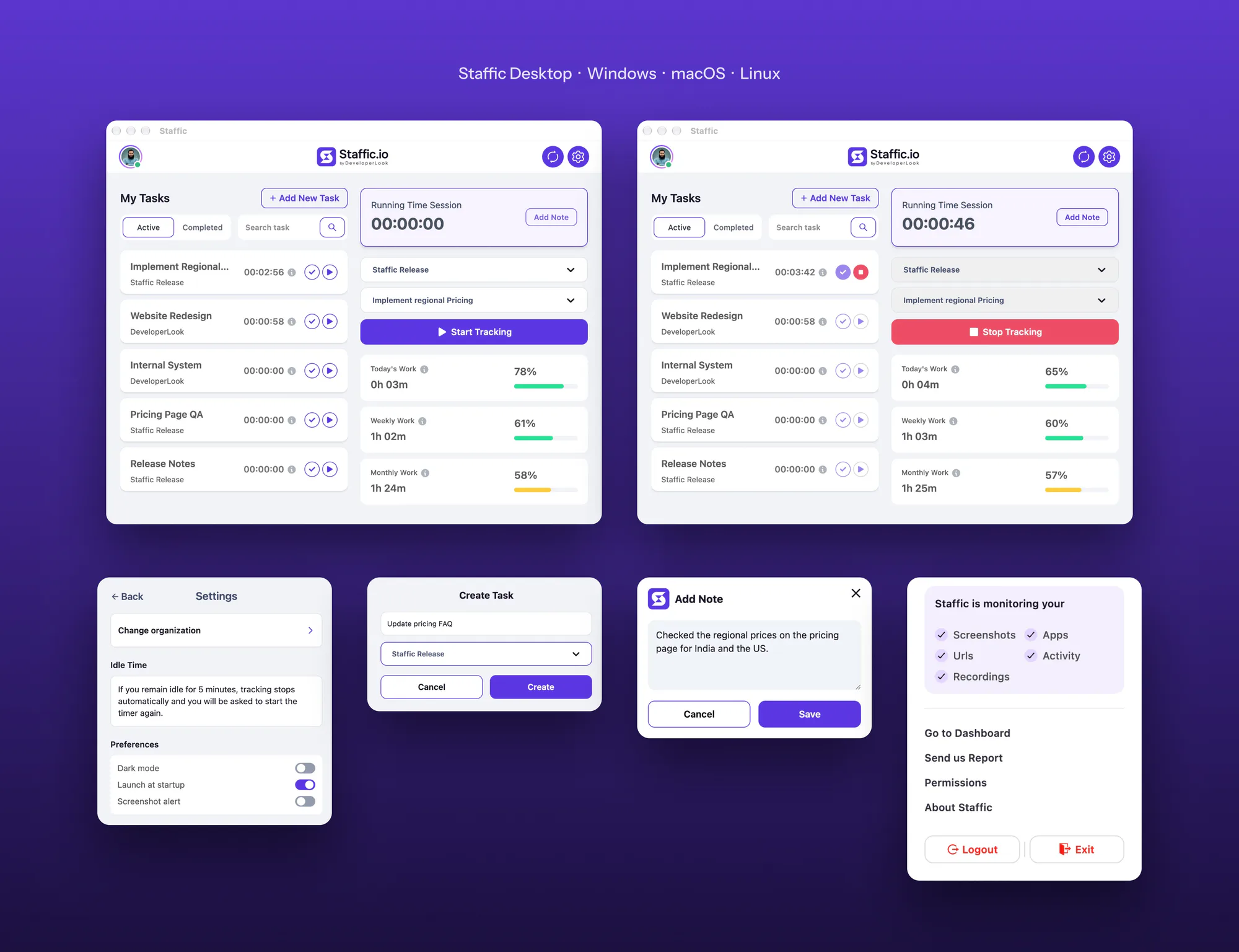 Staffic desktop tracker windows on macOS with settings, task, note and monitoring panels