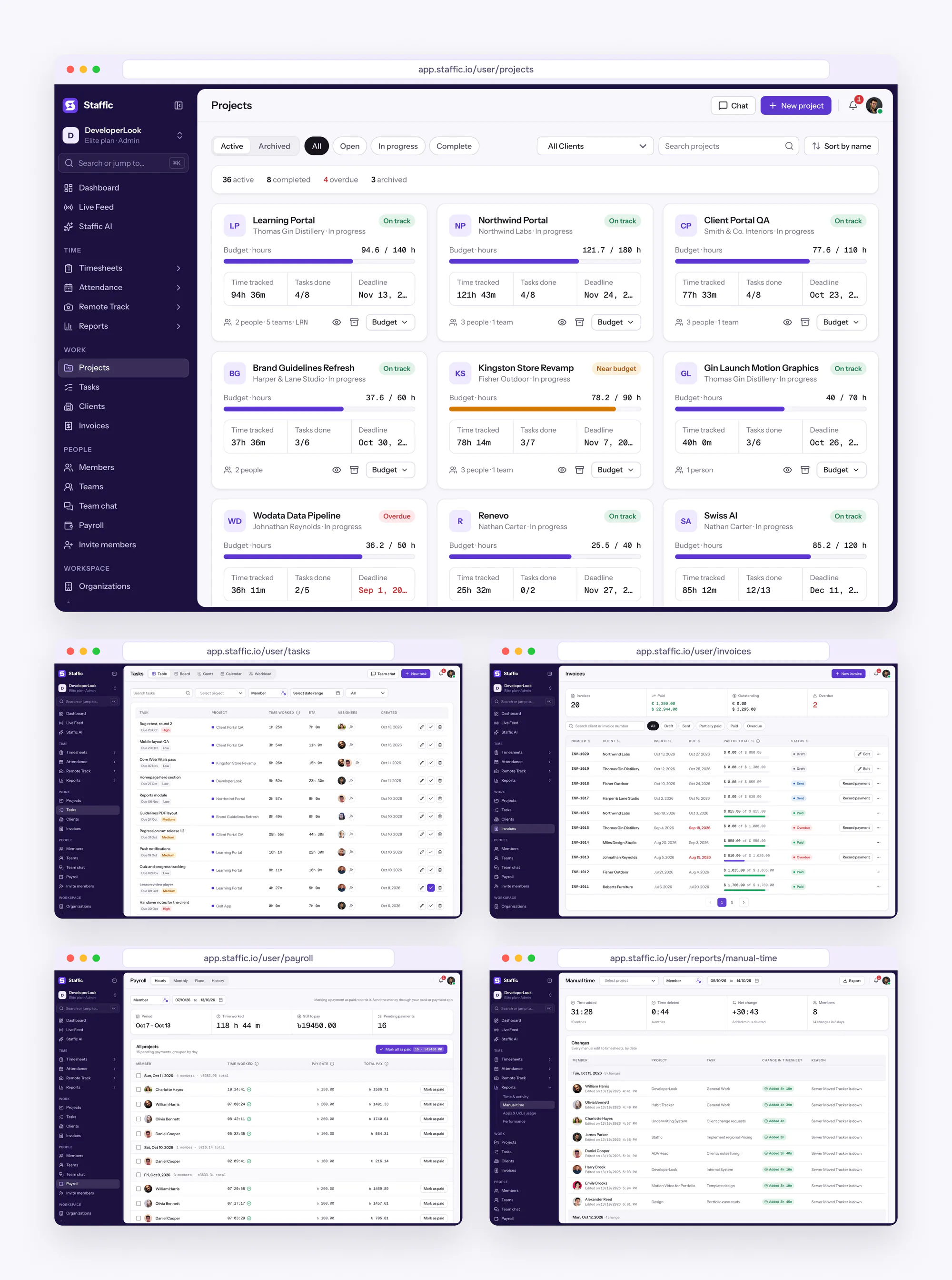 Staffic projects with budgets, task table, invoices, payroll and manual time screens