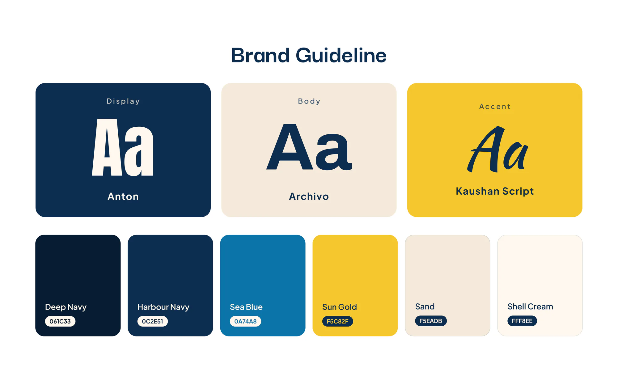 El Marena brand guideline with Anton, Archivo and Kaushan Script and six brand colours
