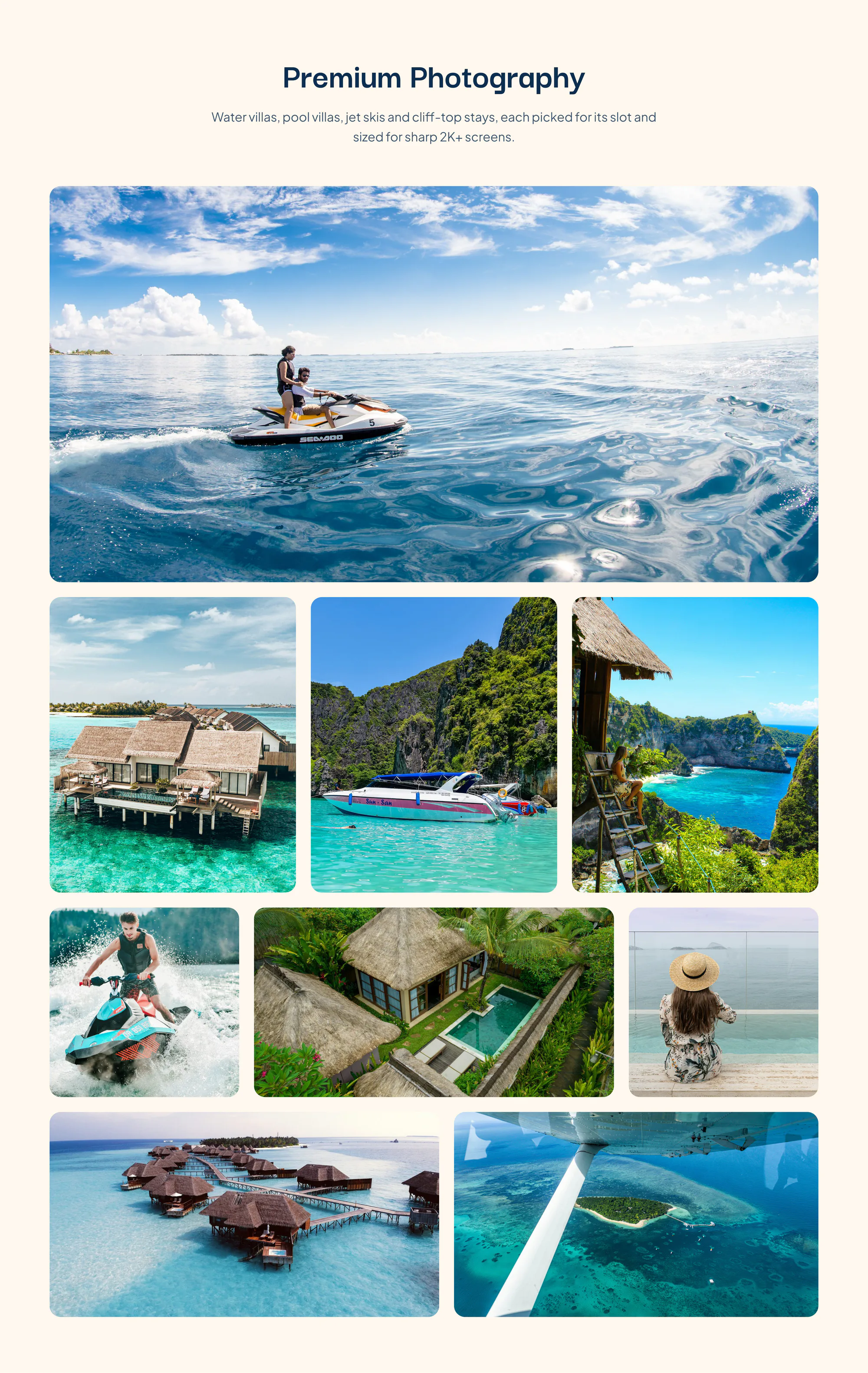 Travel photography used on the El Marena site: water villas, pool villas and jet skis