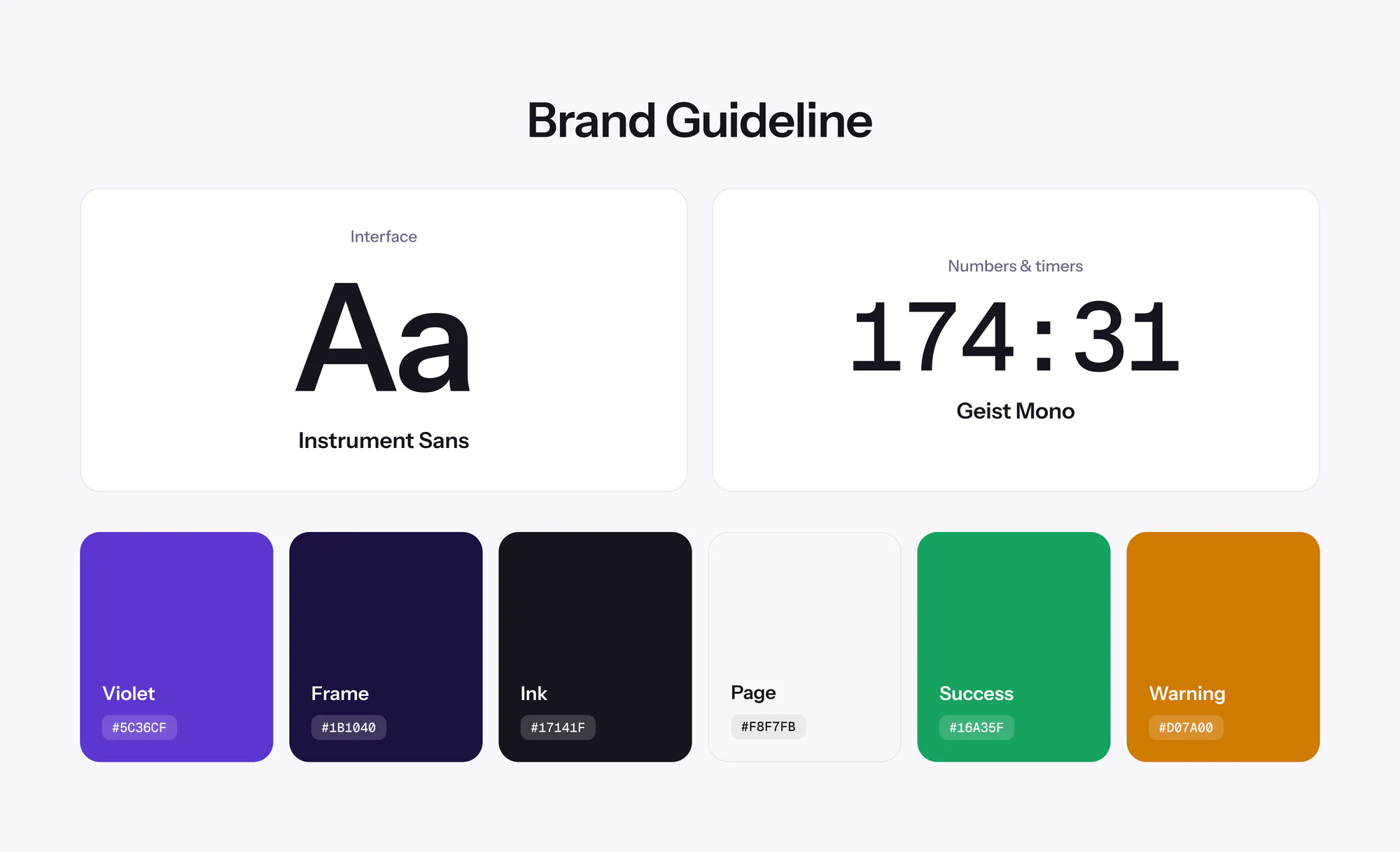 Staffic app brand guideline with Instrument Sans, Geist Mono and six product colors