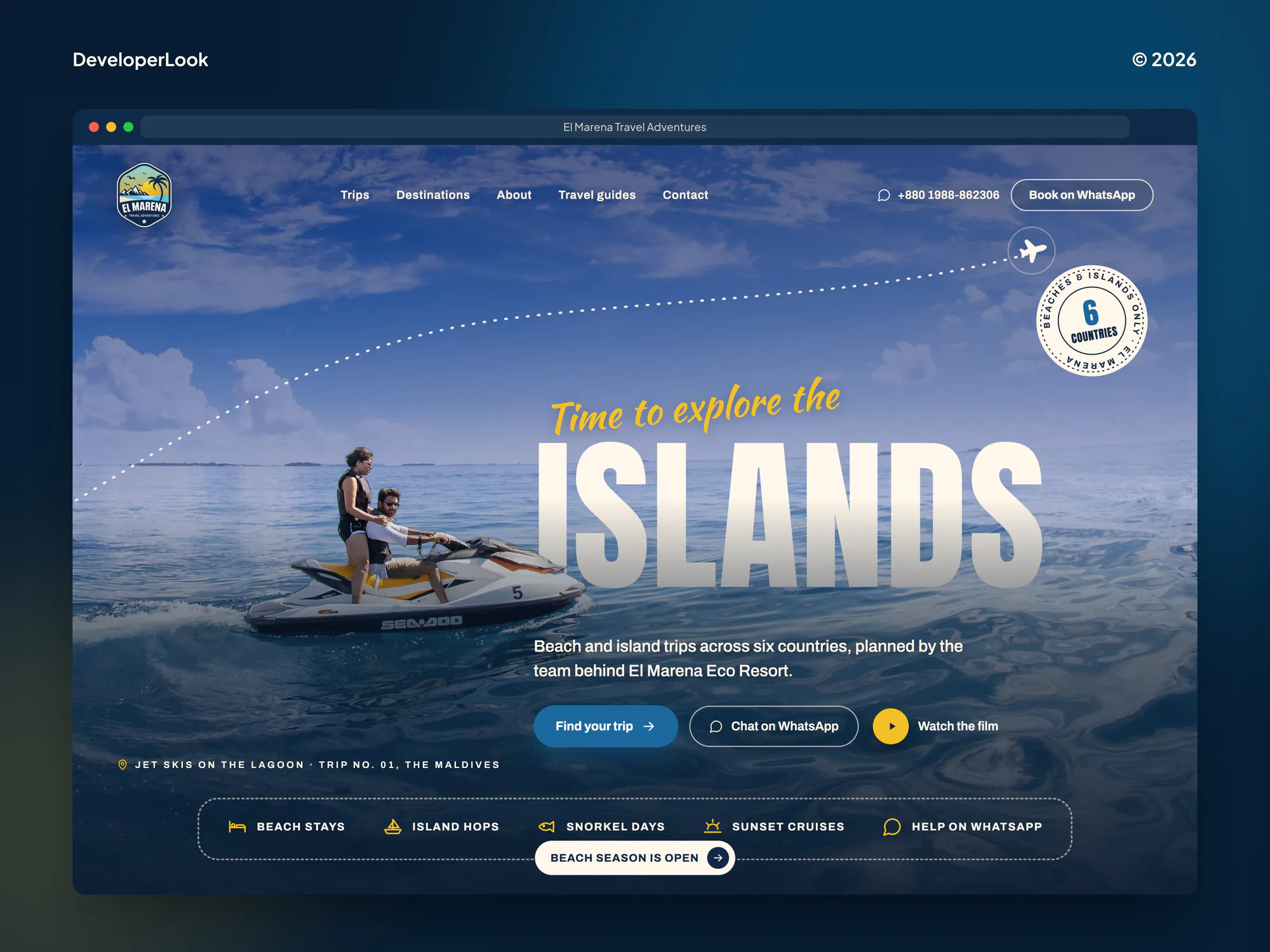 El Marena Travel Adventures landing page hero in a desktop browser, a jet ski in the Maldives