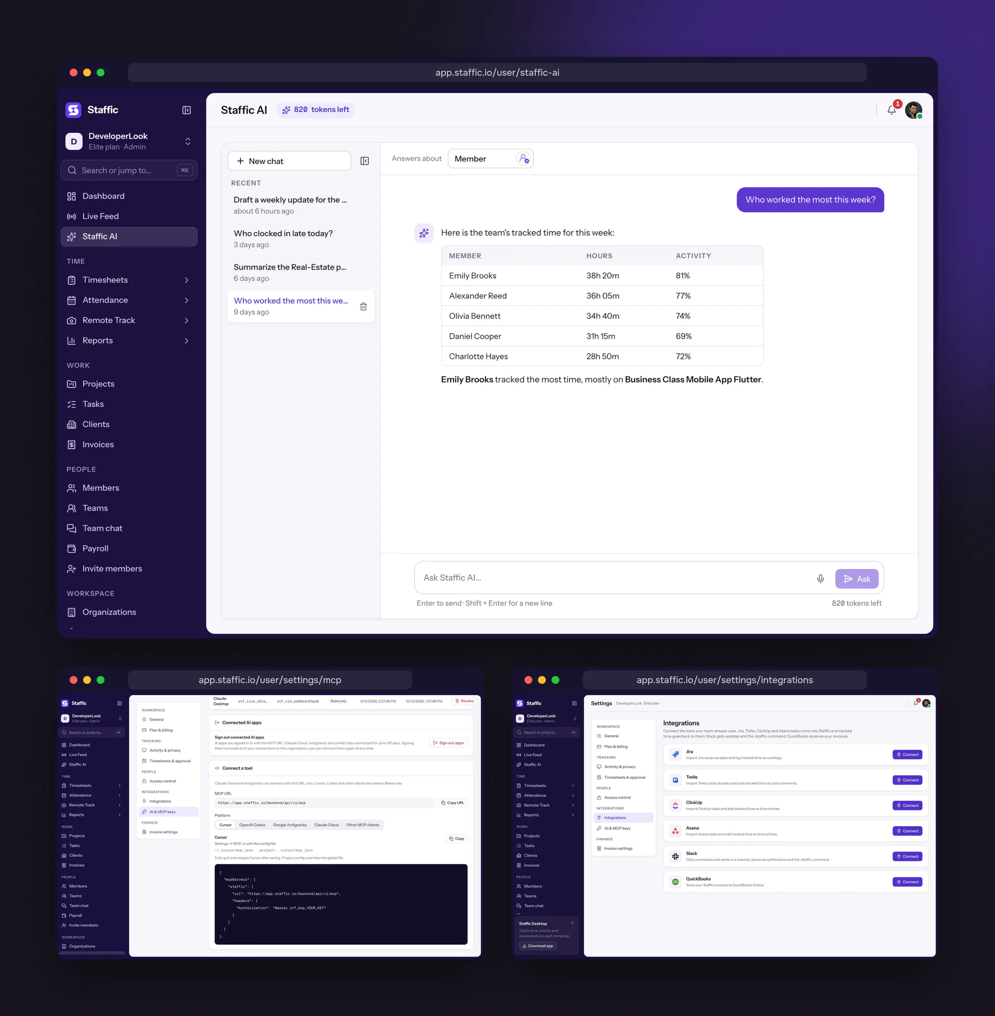 Staffic AI answering who worked most, MCP connection settings and the integrations list