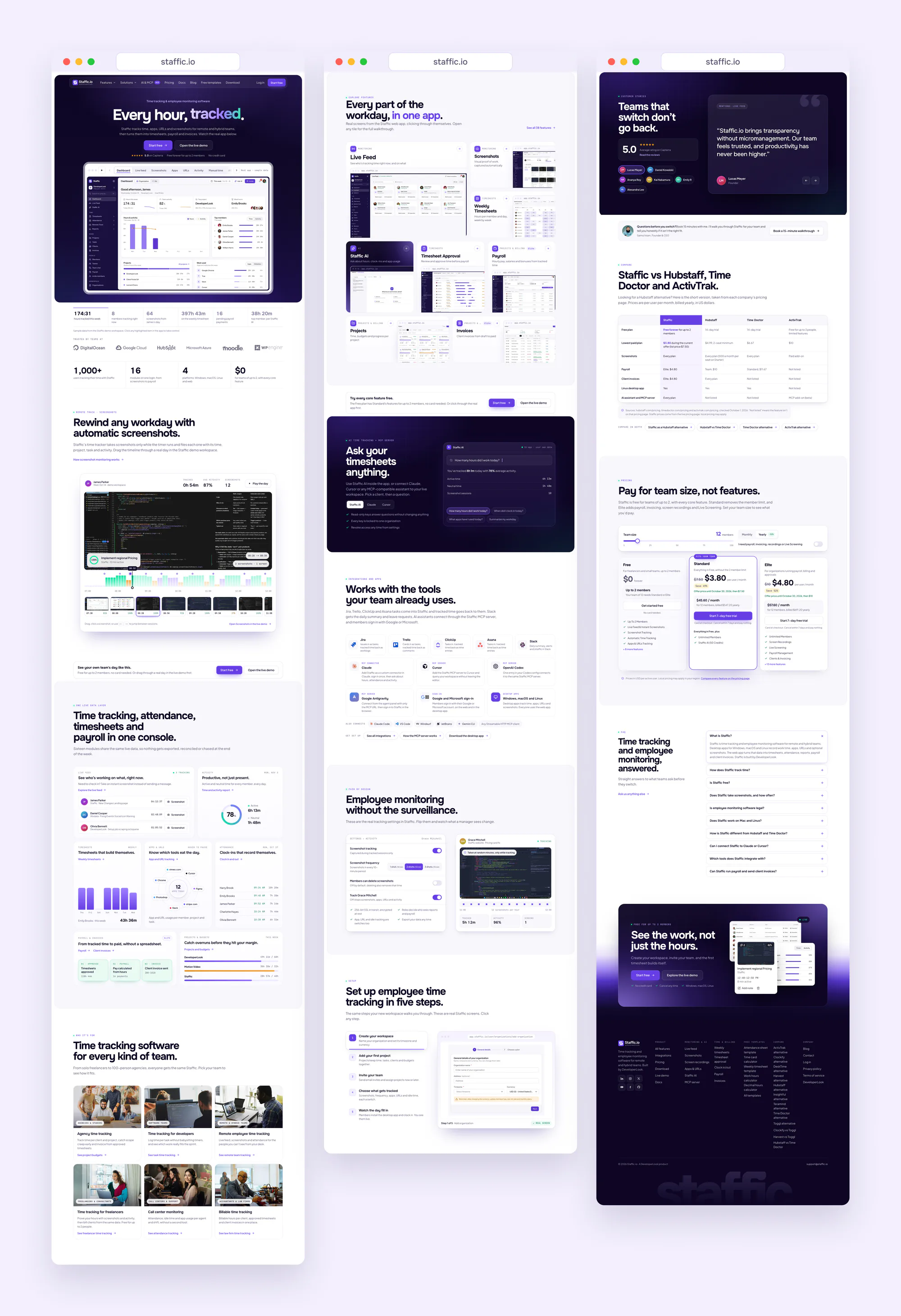 Full staffic.io homepage from the hero to the footer in three columns