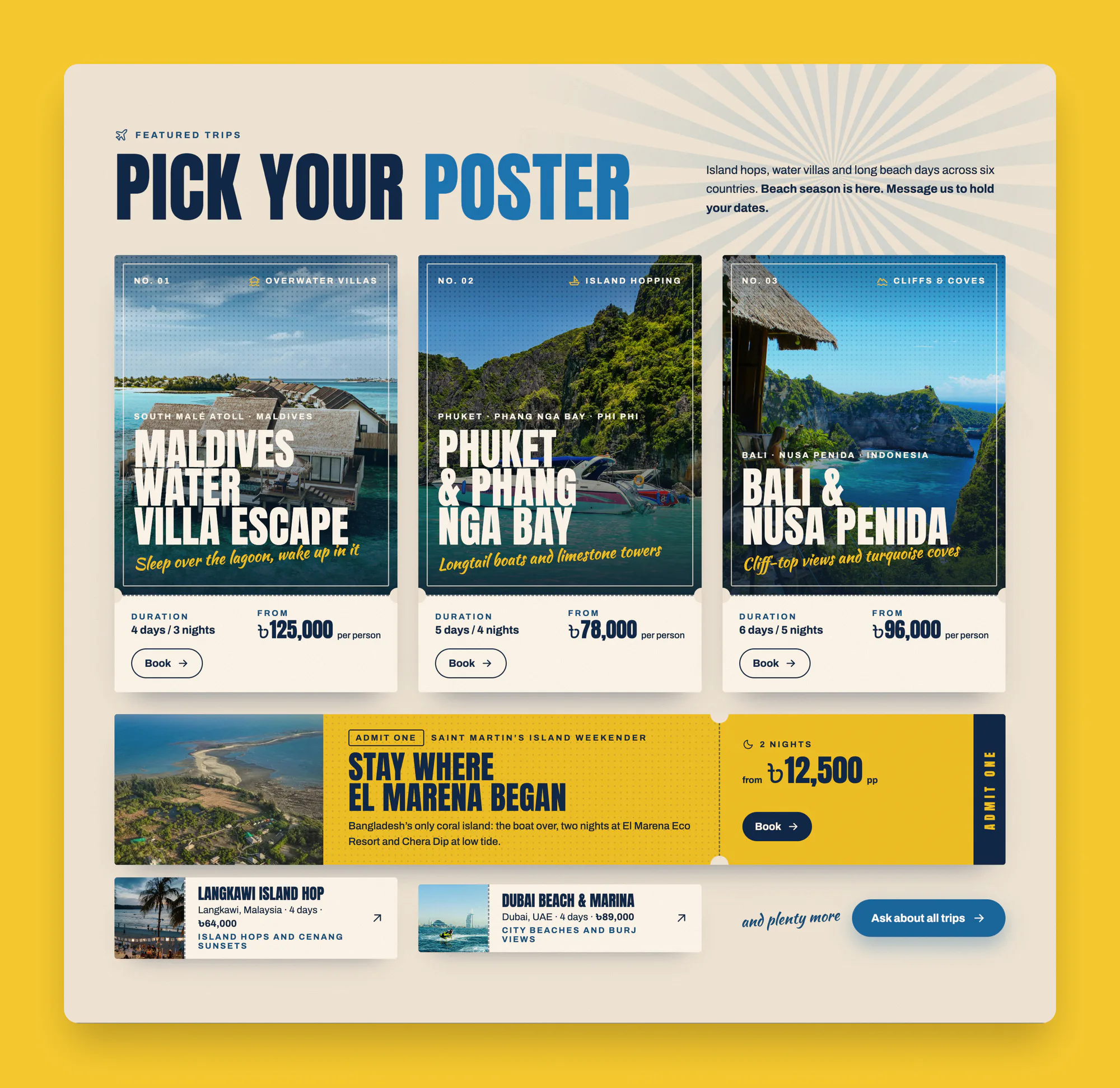 El Marena trip posters for the Maldives, Phuket and Bali with prices and Book buttons