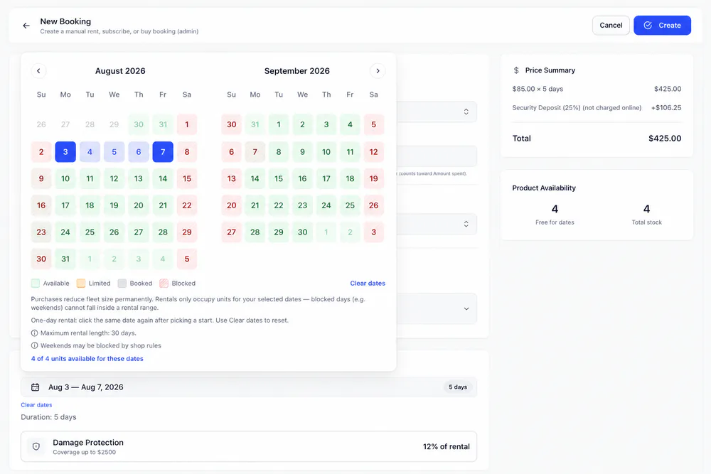 Admin New Booking calendar with date range selected