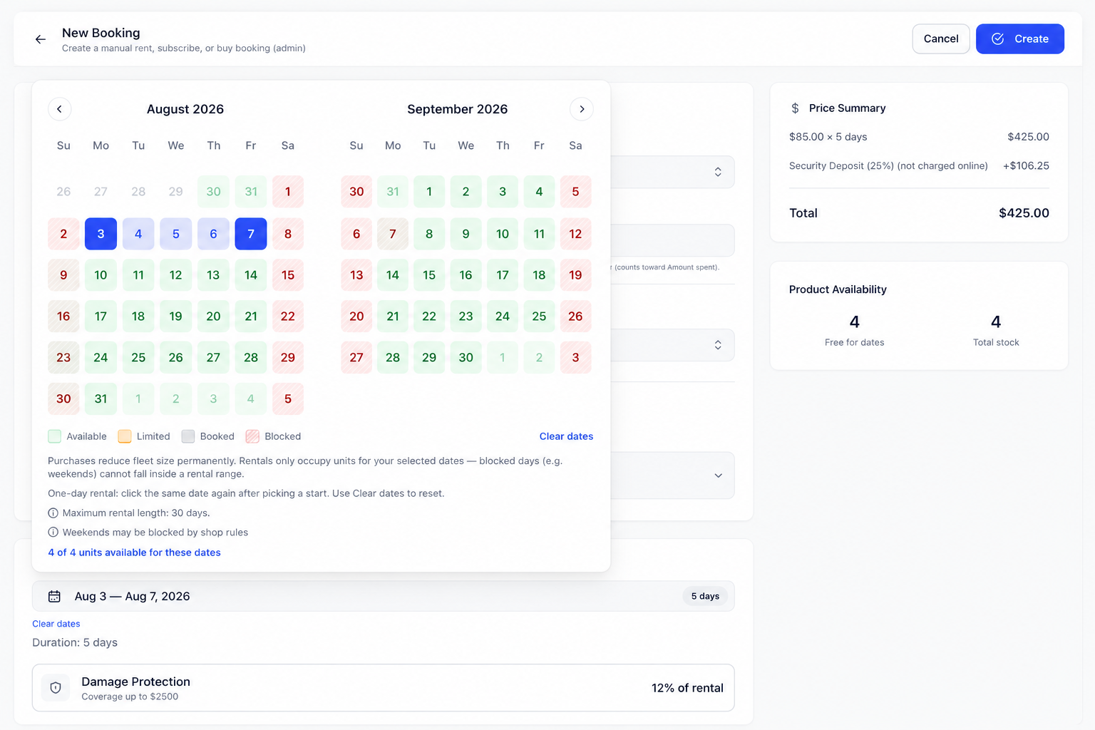 Admin New Booking calendar with a date range selected