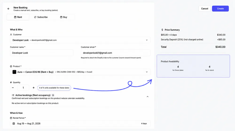 Bookings and calendar in Rental Suite admin