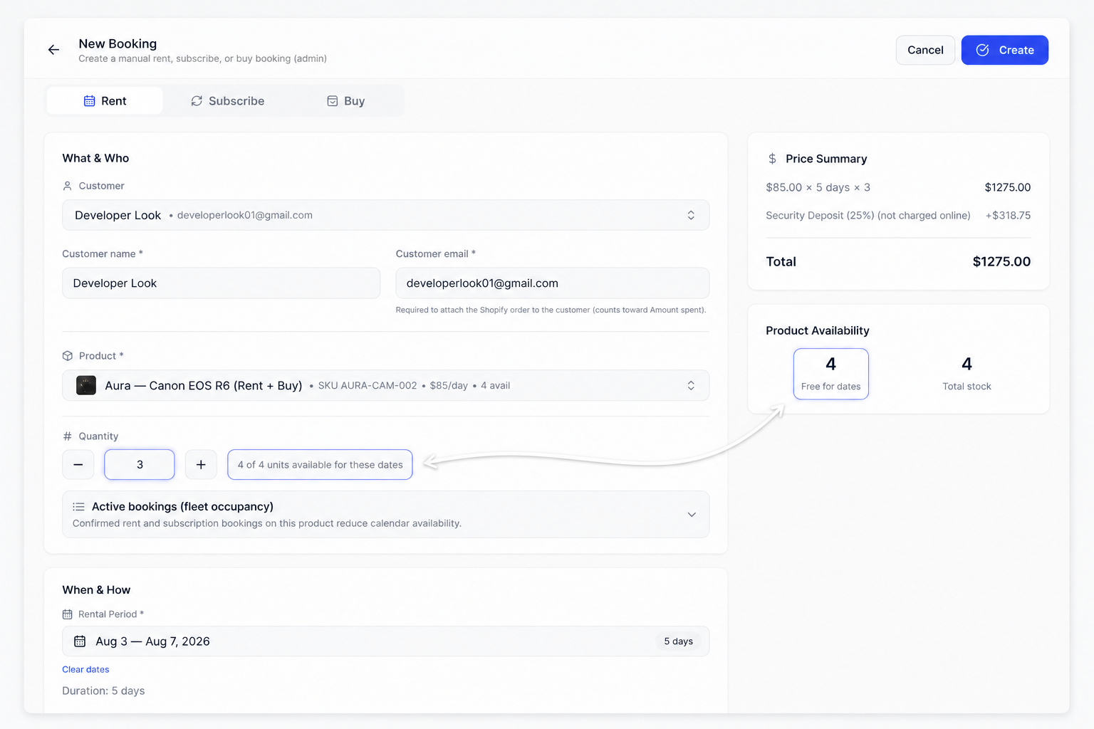 Admin New Booking: quantity and availability for the same sellable stock