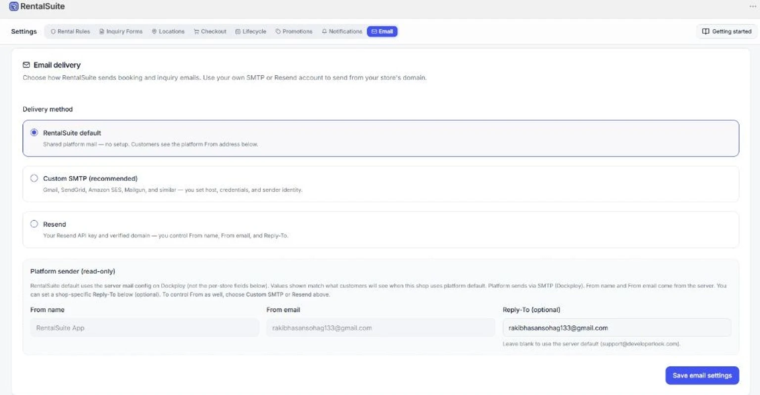 Rental Suite default delivery on Settings → Email