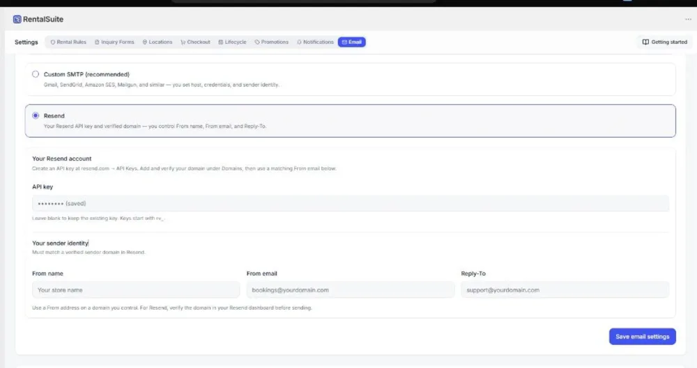 Resend email delivery on Settings → Email