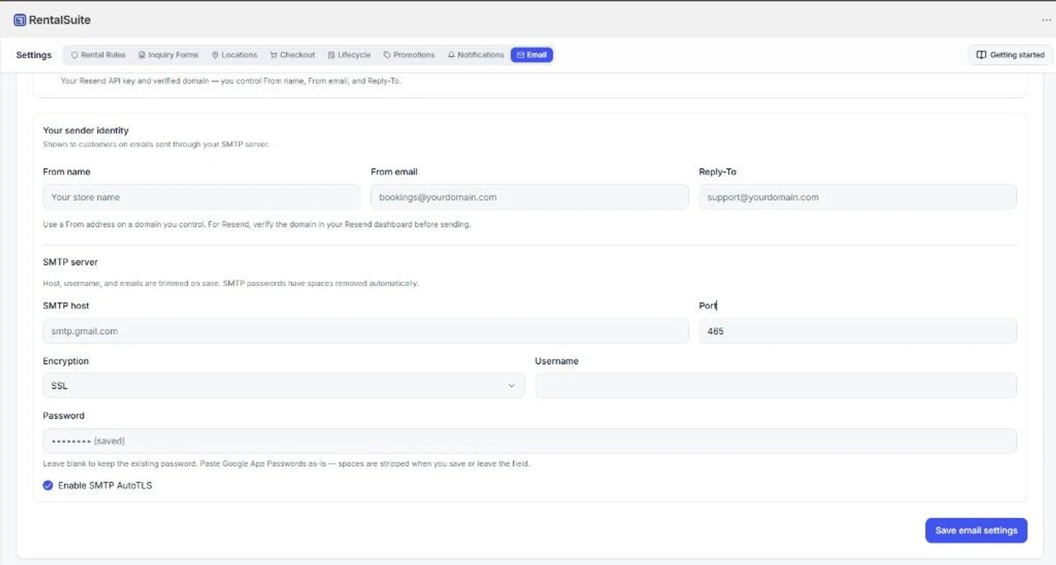 Custom SMTP sender and server settings