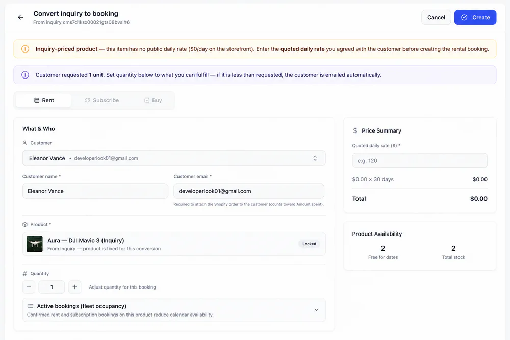 Convert inquiry: customer, product, quoted rate