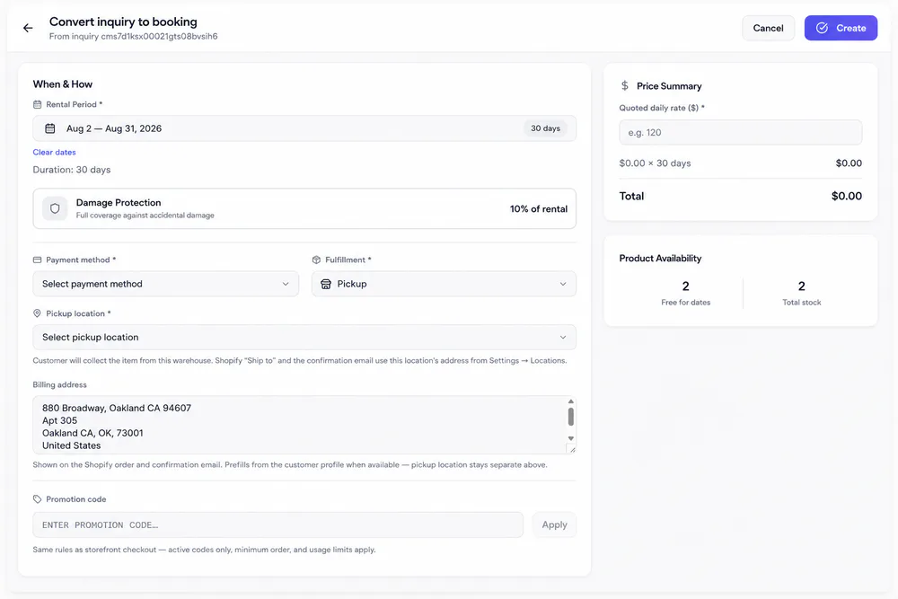 Convert inquiry: dates and fulfillment