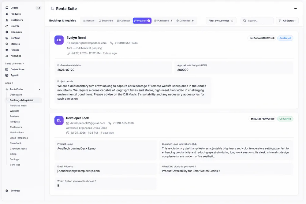 Inquiries tab in Bookings