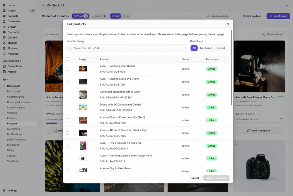 Link products from Shopify modal
