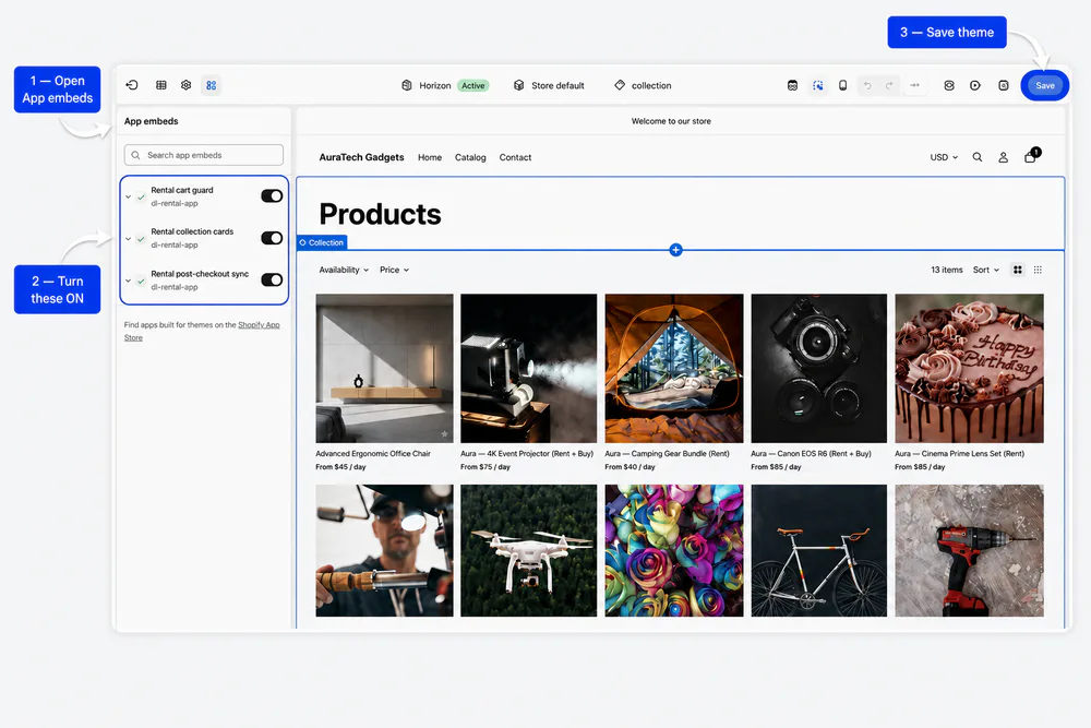 Theme editor App embeds toggles
