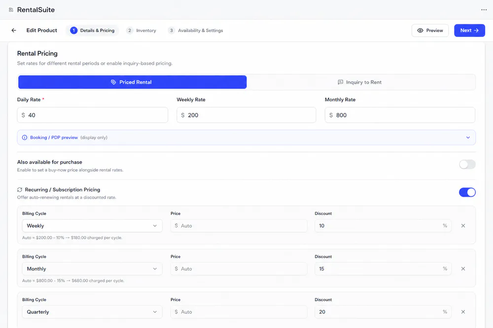 Admin rental pricing rates