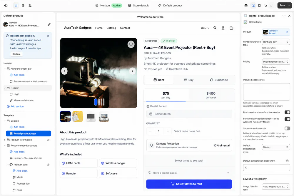 Theme editor with Rental product page block