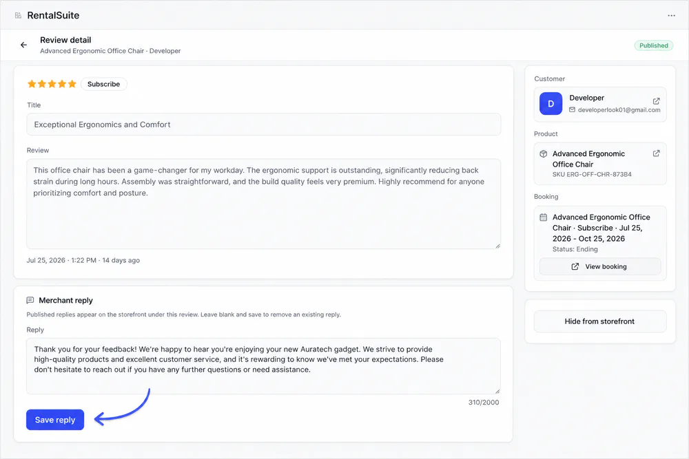 Review detail with merchant reply