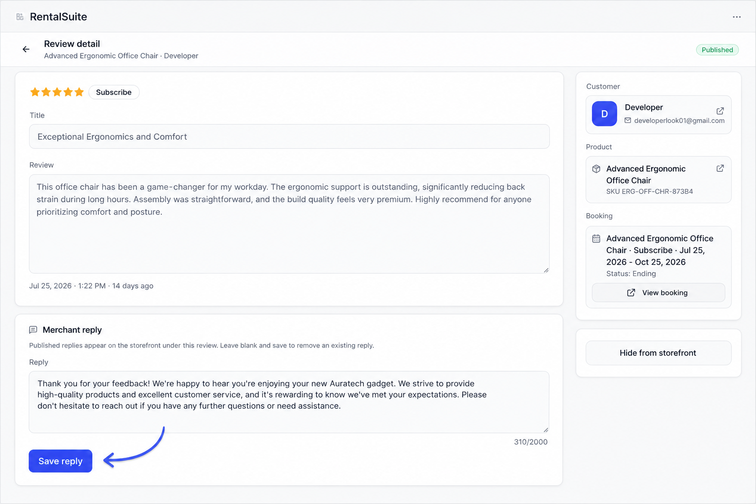 Review detail with merchant reply