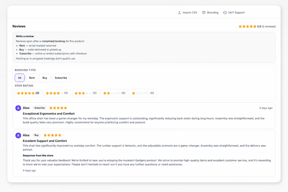 Storefront reviews after completed booking