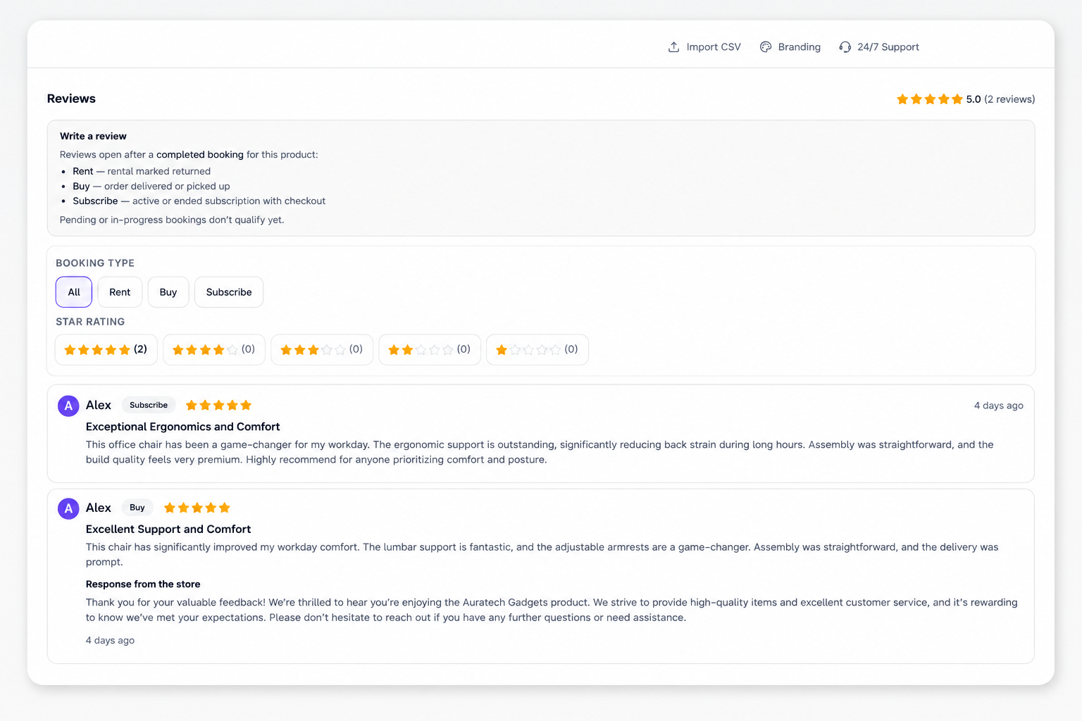 Storefront Reviews. open after a completed booking